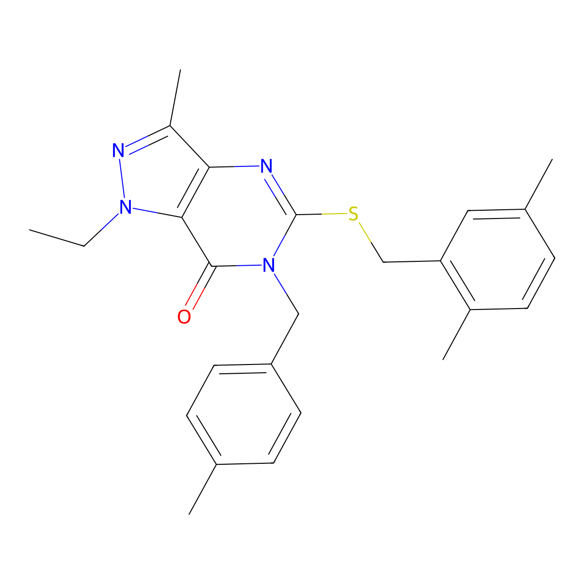 5-((2,5-dimethylbenzyl)thio)-1-ethyl-3-methyl-6-(4-methylbenzyl)-1H-pyrazolo[4,3-d]pyrimidin-7(6H)-one molecular structure, CAS 1358629-30-7