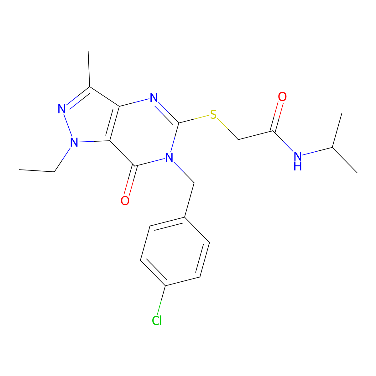 2-({6-[(4-chlorophenyl)methyl]-1-ethyl-3-methyl-7-oxo-1H,6H,7H-pyrazolo[4,3-d]pyrimidin-5-yl}sulfanyl)-N-(propan-2-yl)acetamide molecular structure, CAS 1358629-49-8