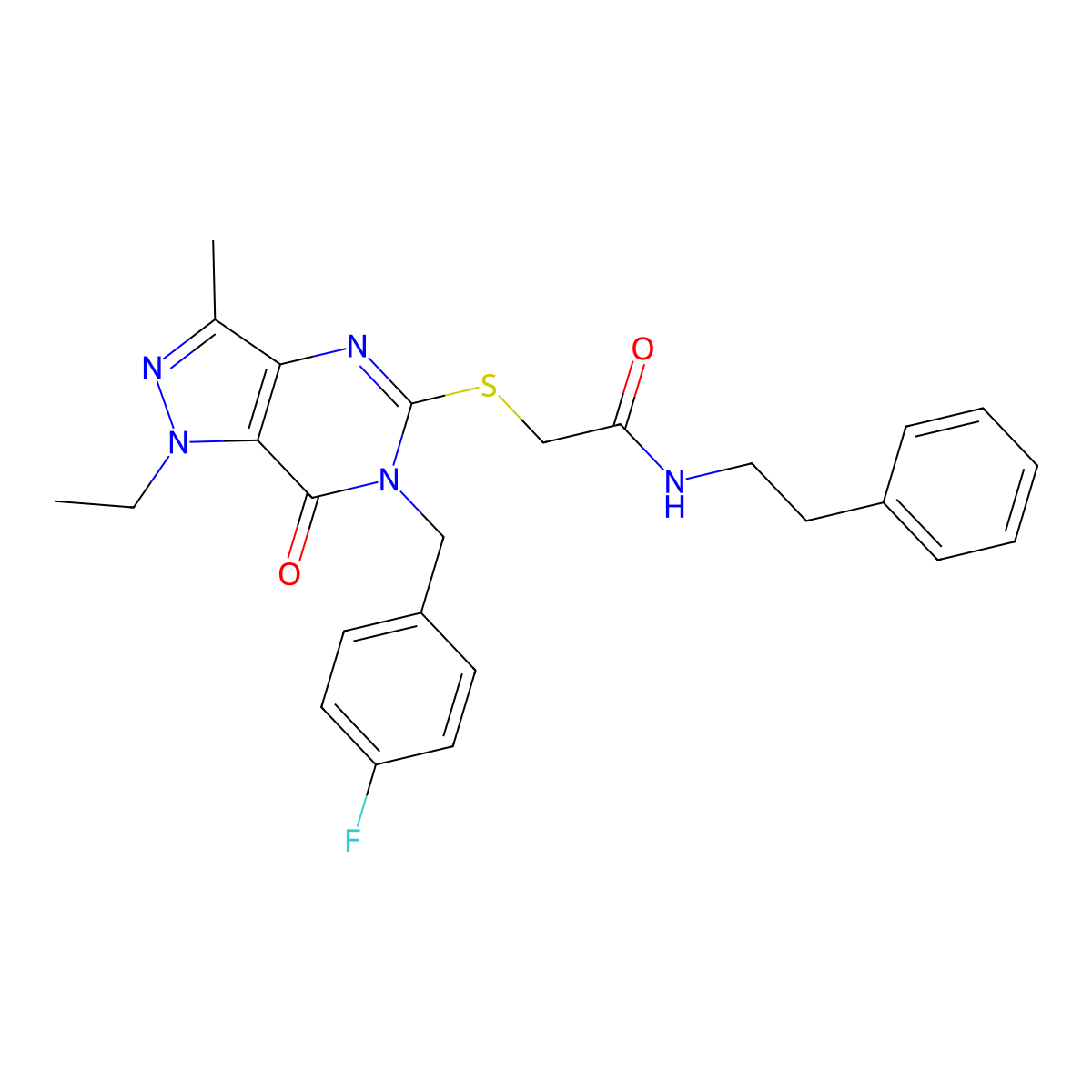 2-((1-ethyl-6-(4-fluorobenzyl)-3-methyl-7-oxo-6,7-dihydro-1H-pyrazolo[4,3-d]pyrimidin-5-yl)thio)-N-phenethylacetamide molecular structure, CAS 1358629-97-6