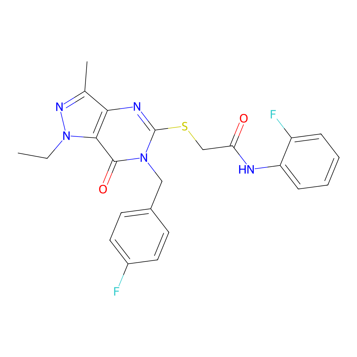 2-({1-ethyl-6-[(4-fluorophenyl)methyl]-3-methyl-7-oxo-1H,6H,7H-pyrazolo[4,3-d]pyrimidin-5-yl}sulfanyl)-N-(2-fluorophenyl)acetamide molecular structure, CAS 1358630-07-5