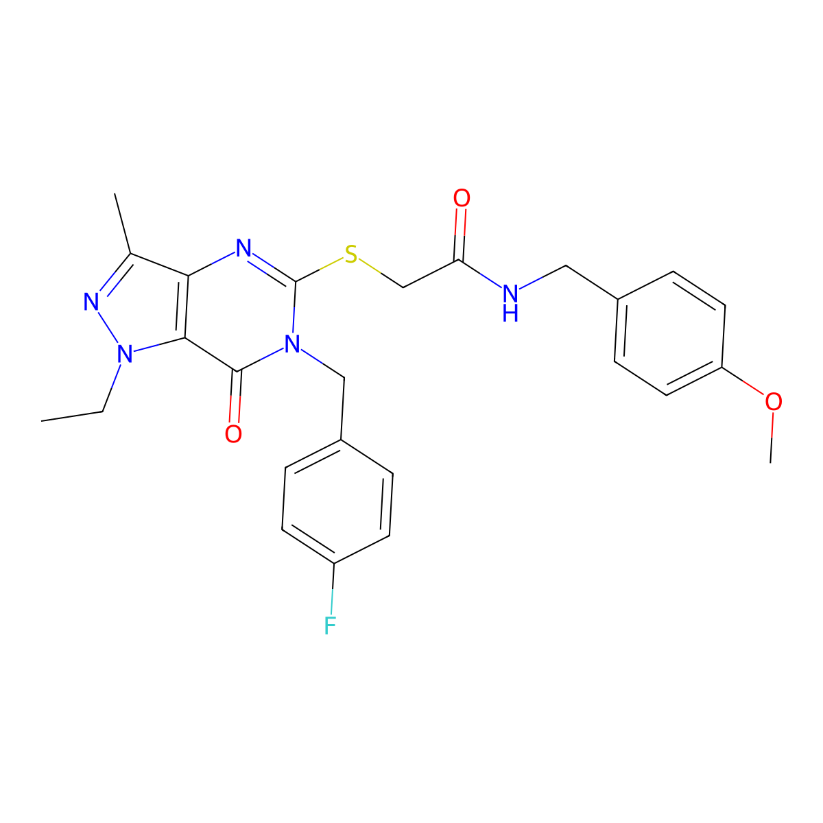 2-({1-ethyl-6-[(4-fluorophenyl)methyl]-3-methyl-7-oxo-1H,6H,7H-pyrazolo[4,3-d]pyrimidin-5-yl}sulfanyl)-N-[(4-methoxyphenyl)methyl]acetamide molecular structure, CAS 1358630-14-4