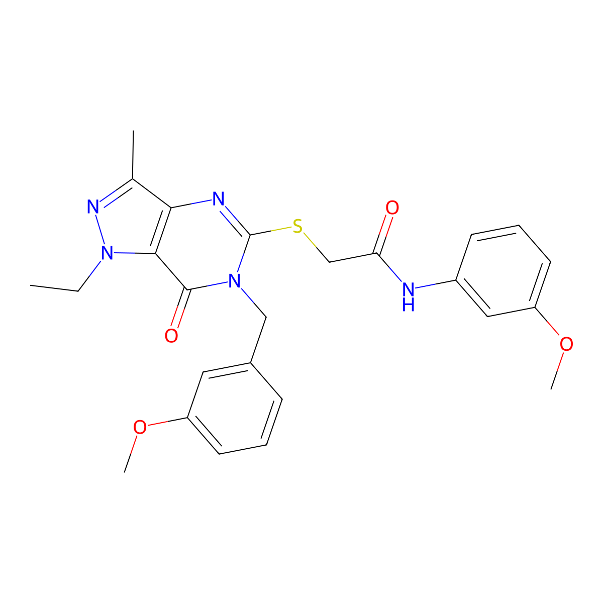 2-({1-ethyl-6-[(3-methoxyphenyl)methyl]-3-methyl-7-oxo-1H,6H,7H-pyrazolo[4,3-d]pyrimidin-5-yl}sulfanyl)-N-(3-methoxyphenyl)acetamide molecular structure, CAS 1358630-27-9