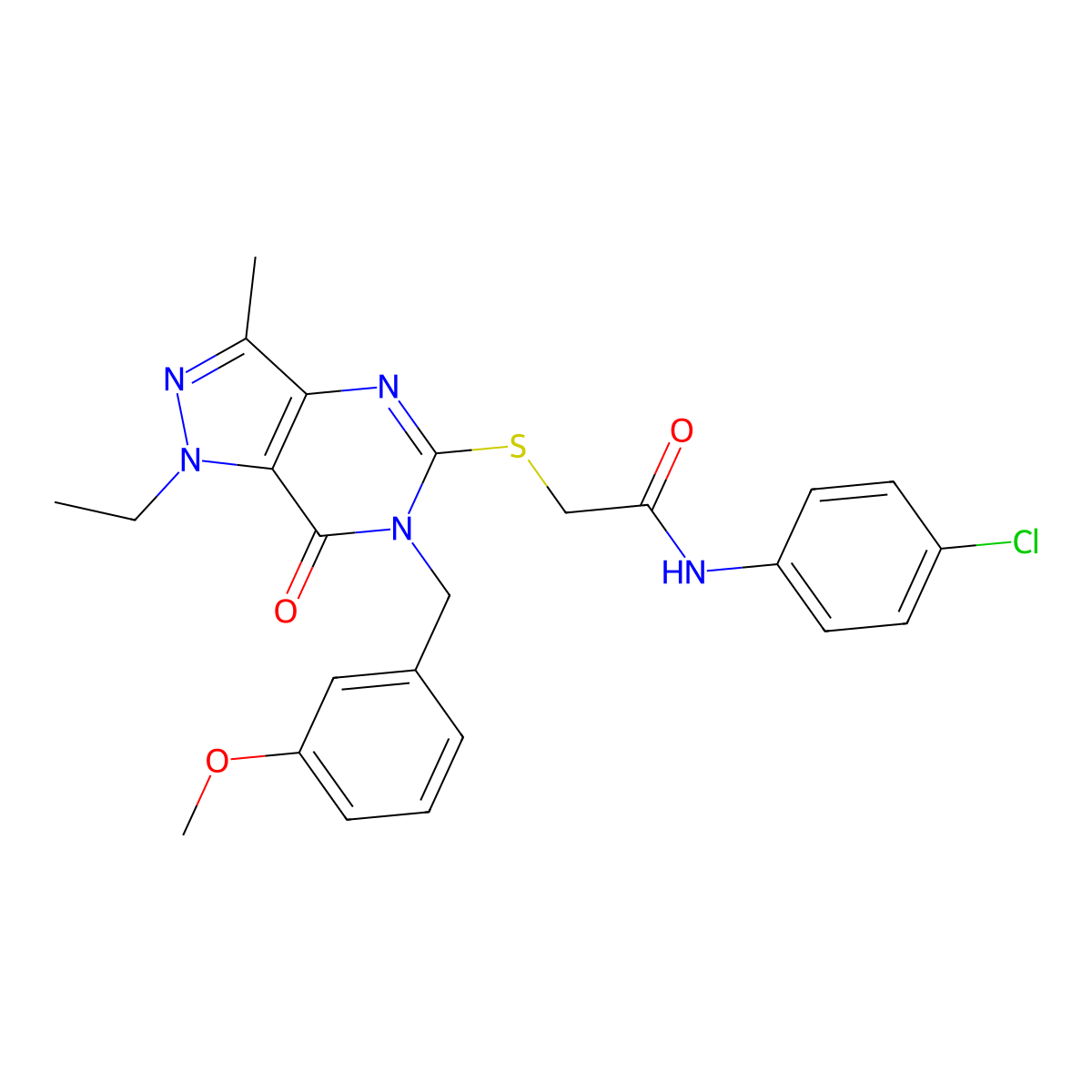 N-(4-chlorophenyl)-2-({1-ethyl-6-[(3-methoxyphenyl)methyl]-3-methyl-7-oxo-1H,6H,7H-pyrazolo[4,3-d]pyrimidin-5-yl}sulfanyl)acetamide molecular structure, CAS 1358630-34-8