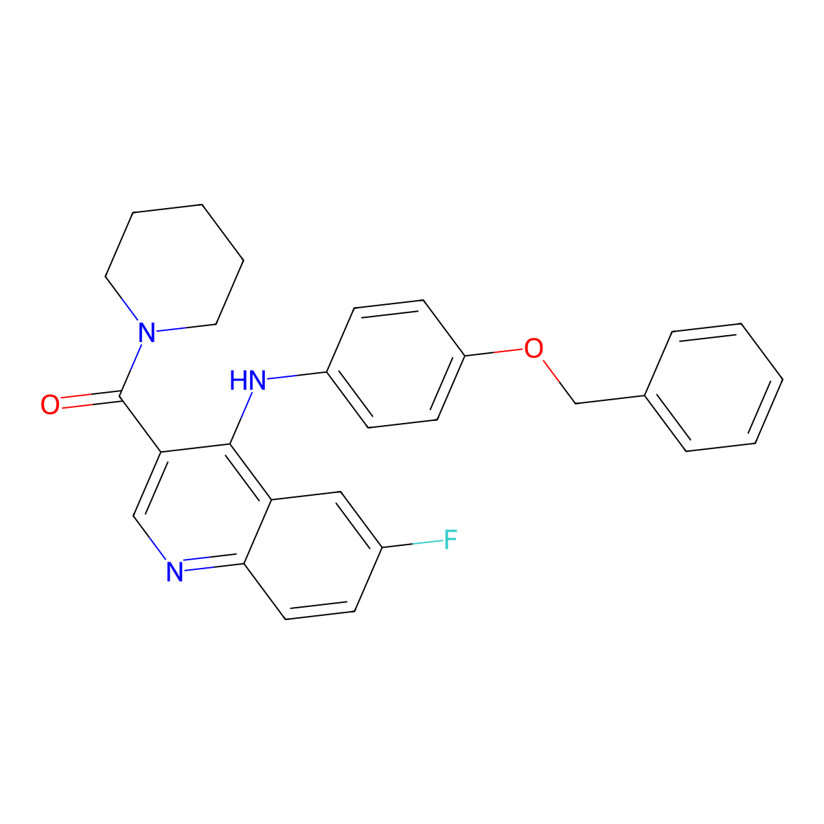 (4-((4-(Benzyloxy)phenyl)amino)-6-fluoroquinolin-3-yl)(piperidin-1-yl)methanone molecular structure, CAS 1358632-35-5
