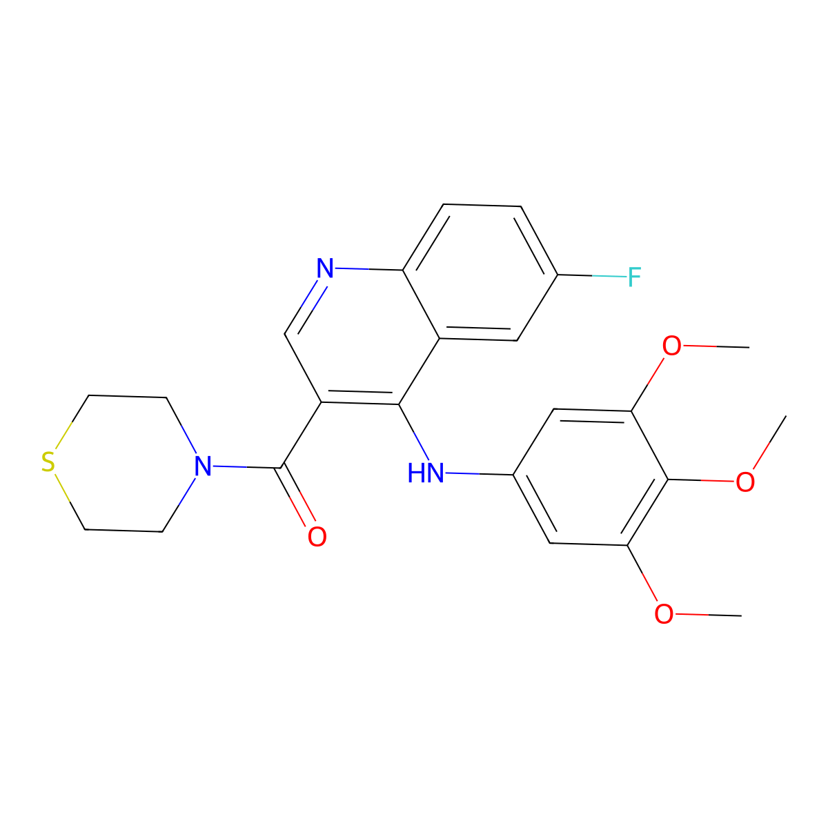 (6-Fluoro-4-((3,4,5-trimethoxyphenyl)amino)quinolin-3-yl)(thiomorpholino)methanone molecular structure, CAS 1358632-41-3
