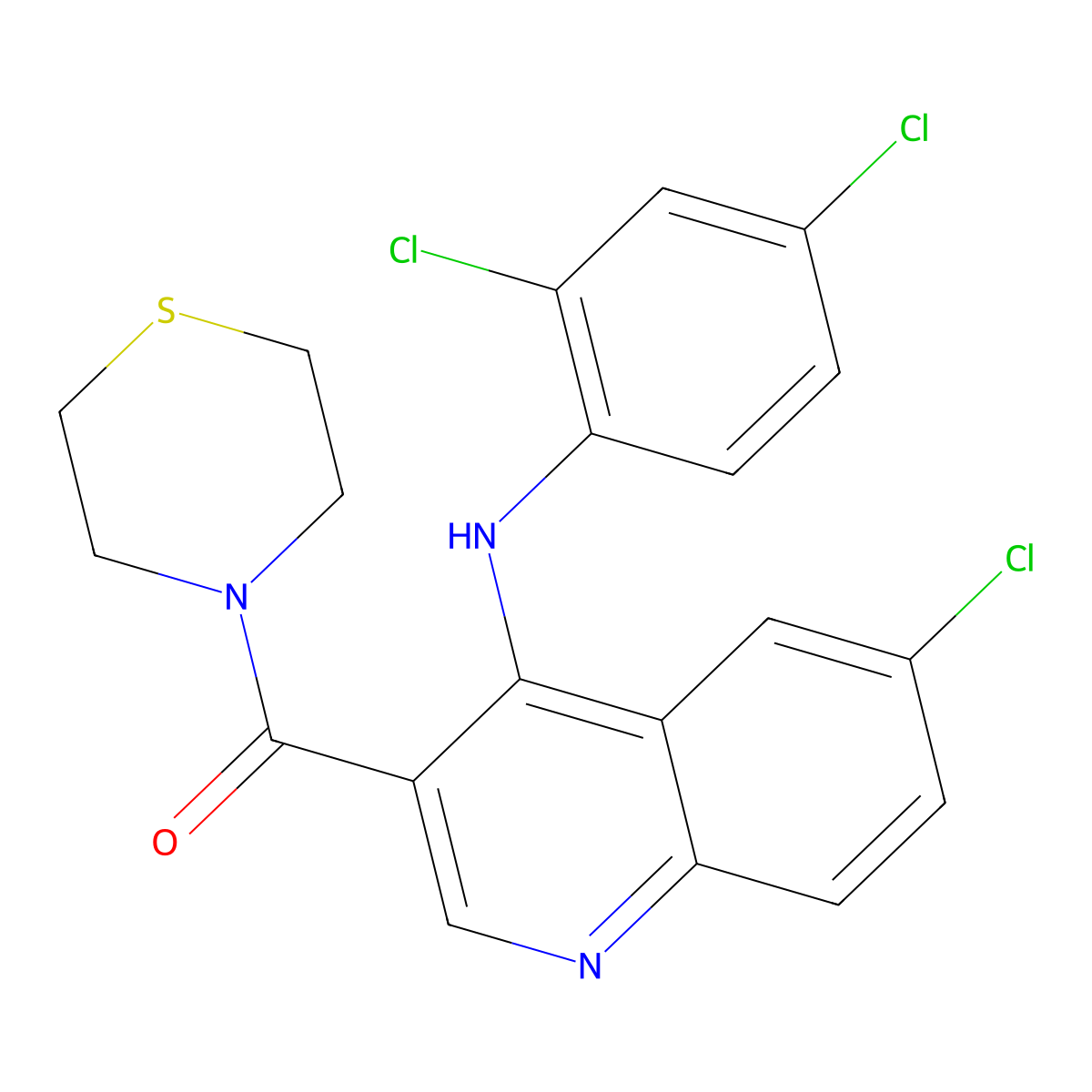 (6-Chloro-4-((2,4-dichlorophenyl)amino)quinolin-3-yl)(thiomorpholino)methanone molecular structure, CAS 1358632-47-9