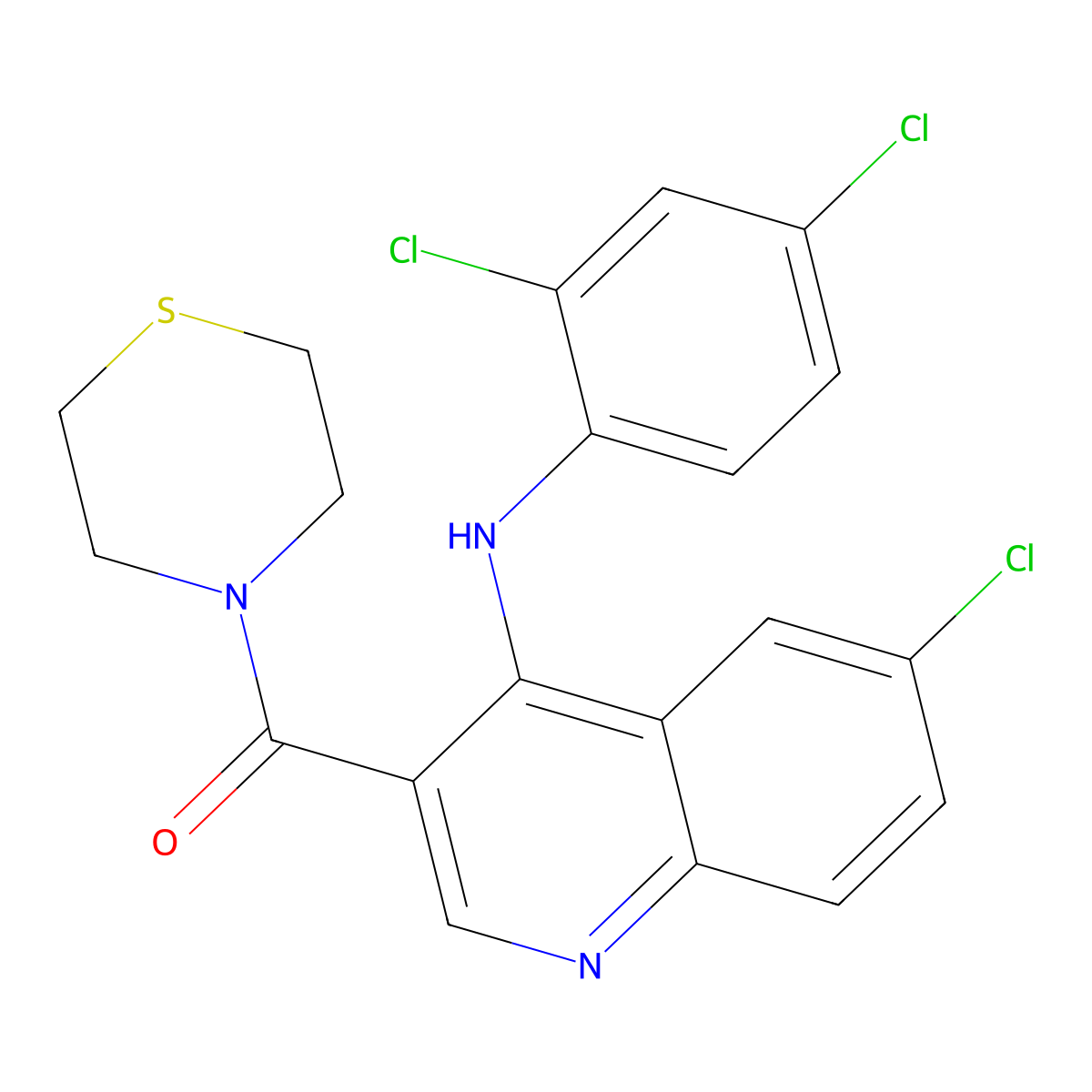 (6-Chloro-4-((2,4-dichlorophenyl)amino)quinolin-3-yl)(thiomorpholino)methanone molecular structure, CAS 1358632-47-9