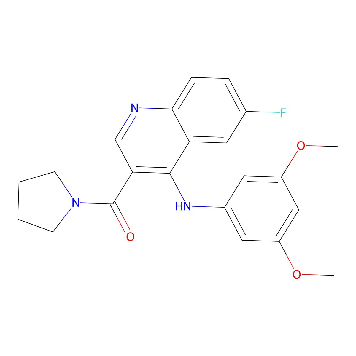 (4-((3,5-Dimethoxyphenyl)amino)-6-fluoroquinolin-3-yl)(pyrrolidin-1-yl)methanone molecular structure, CAS 1358632-51-5