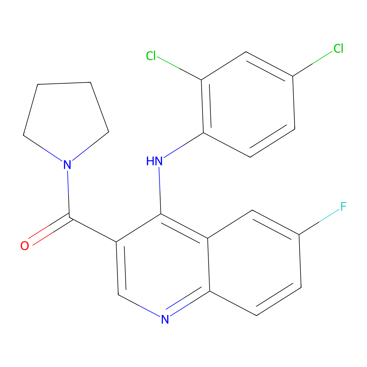 (4-((2,4-Dichlorophenyl)amino)-6-fluoroquinolin-3-yl)(pyrrolidin-1-yl)methanone molecular structure, CAS 1358632-56-0