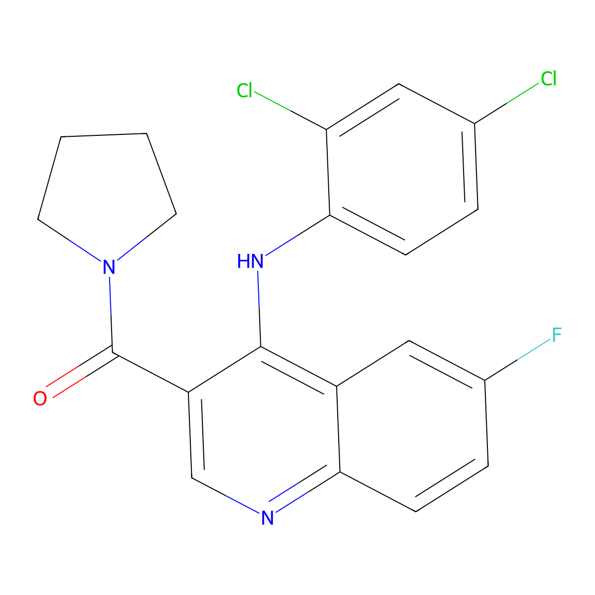 (4-((2,4-Dichlorophenyl)amino)-6-fluoroquinolin-3-yl)(pyrrolidin-1-yl)methanone molecular structure, CAS 1358632-56-0