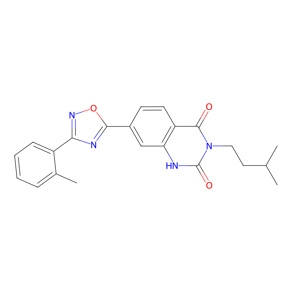 3-isopentyl-7-(3-(o-tolyl)-1,2,4-oxadiazol-5-yl)quinazoline-2,4(1H,3H)-dione molecular structure, CAS 1358639-71-0