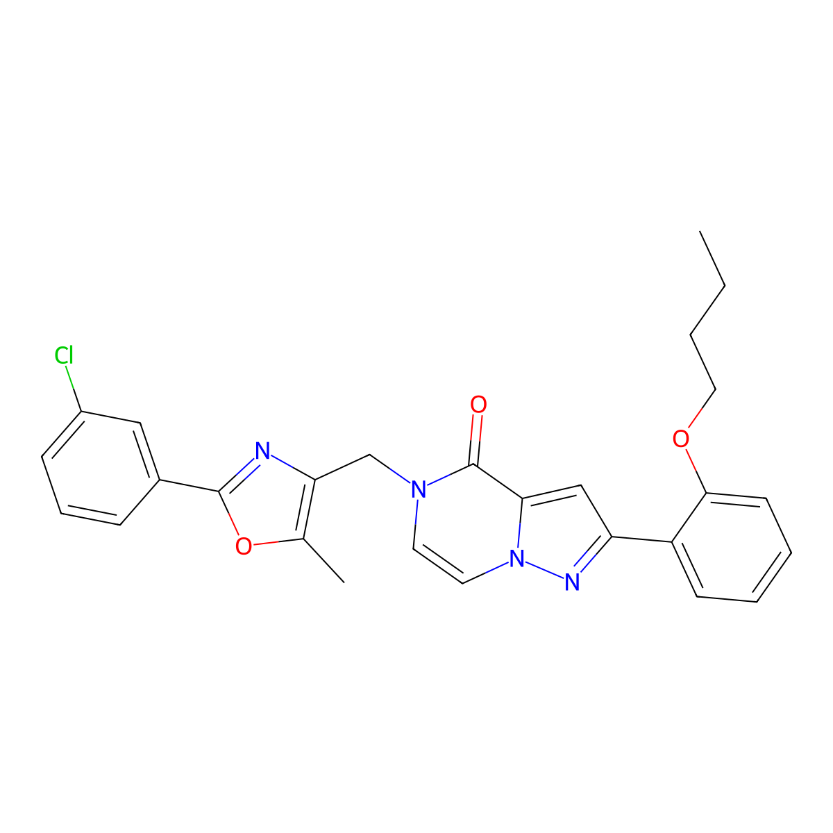 2-(2-butoxyphenyl)-5-((2-(3-chlorophenyl)-5-methyloxazol-4-yl)methyl)pyrazolo[1,5-a]pyrazin-4(5H)-one molecular structure, CAS 1358645-32-5