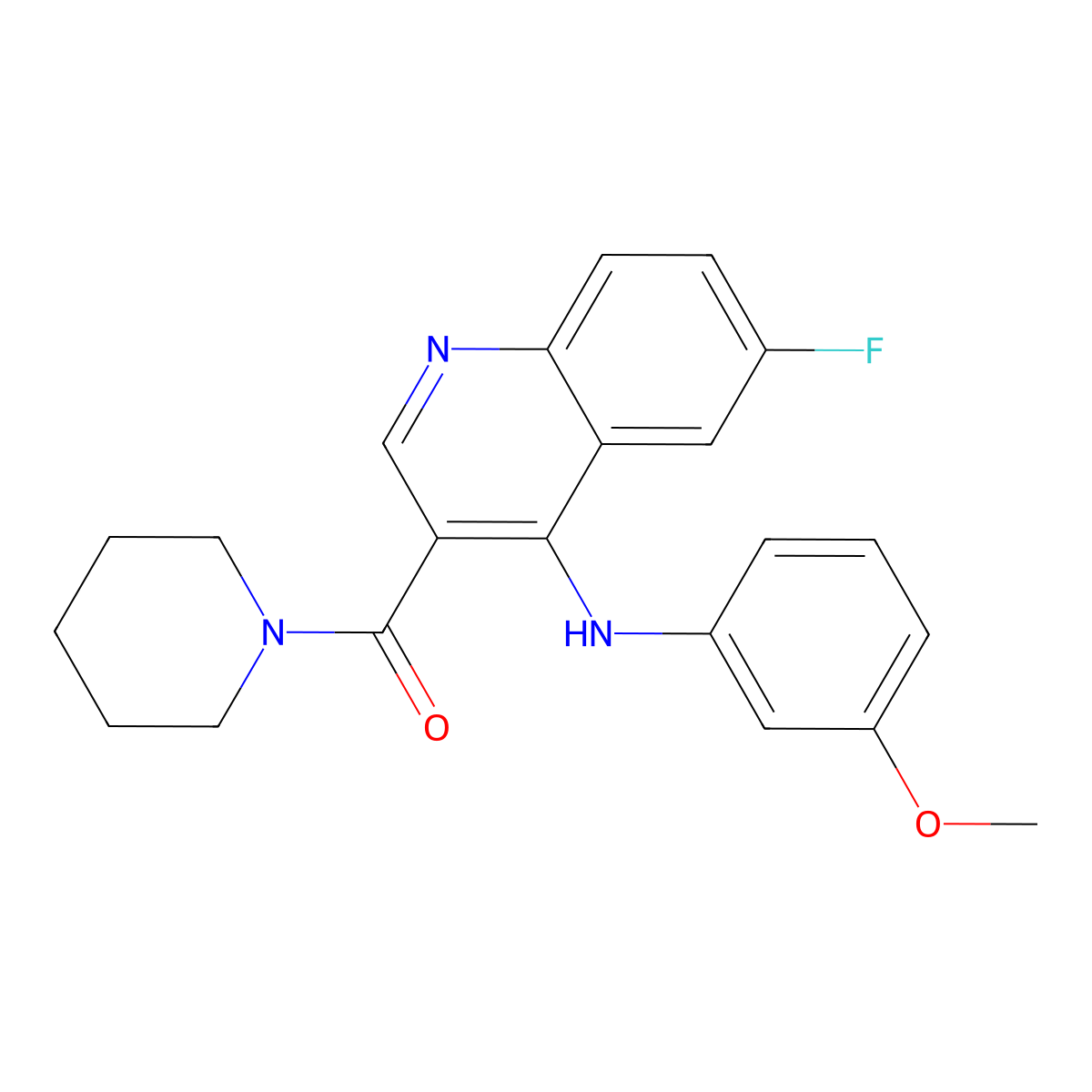 (6-Fluoro-4-((3-methoxyphenyl)amino)quinolin-3-yl)(piperidin-1-yl)methanone molecular structure, CAS 1358659-54-7