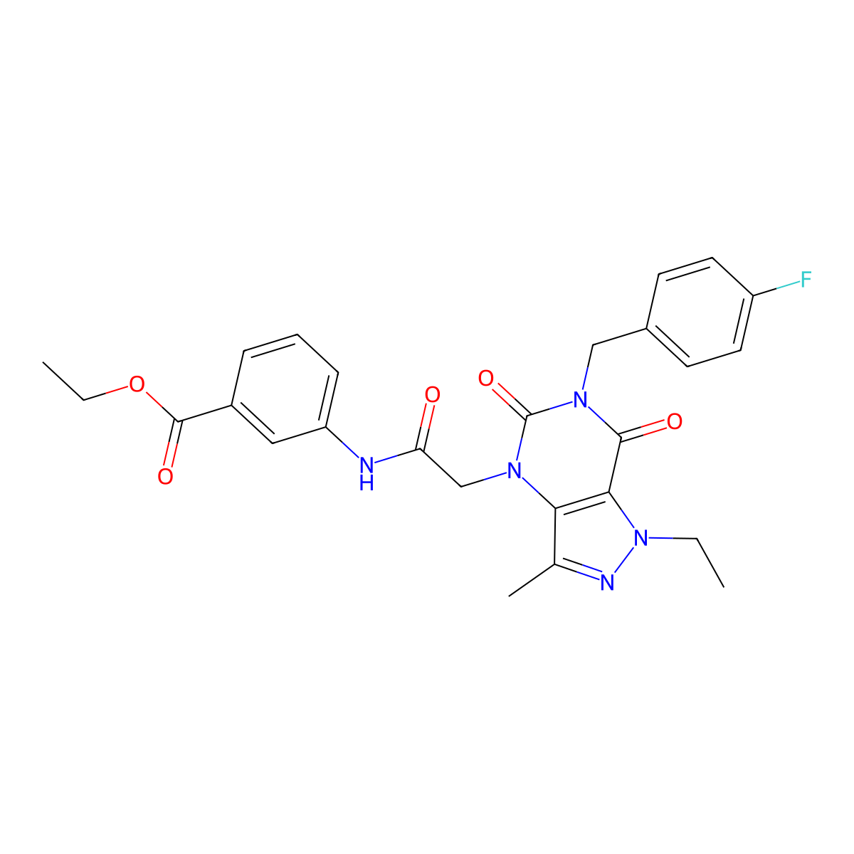 ethyl 3-(2-(1-ethyl-6-(4-fluorobenzyl)-3-methyl-5,7-dioxo-6,7-dihydro-1H-pyrazolo[4,3-d]pyrimidin-4(5H)-yl)acetamido)benzoate molecular structure, CAS 1358671-82-5