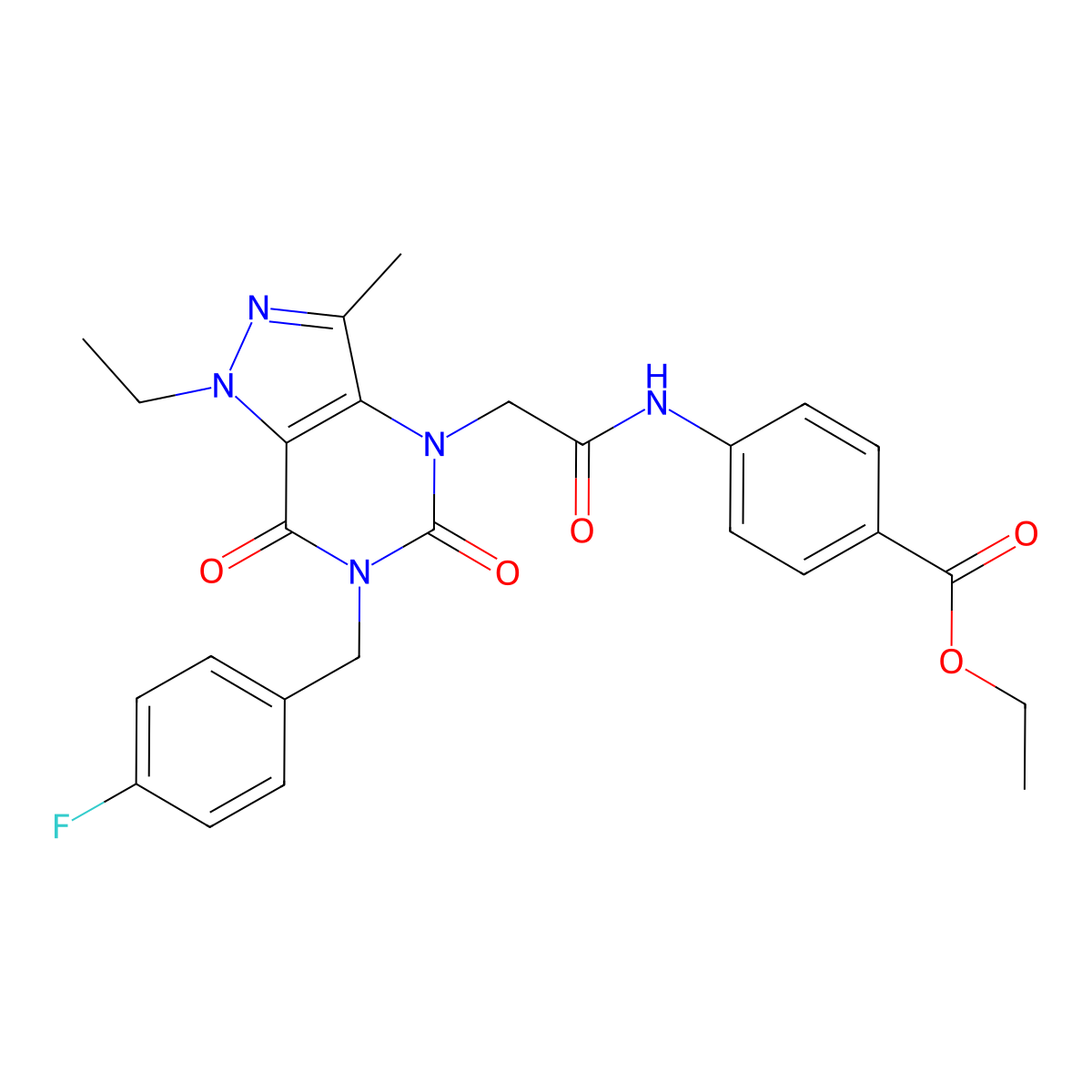 ethyl 4-(2-(1-ethyl-6-(4-fluorobenzyl)-3-methyl-5,7-dioxo-6,7-dihydro-1H-pyrazolo[4,3-d]pyrimidin-4(5H)-yl)acetamido)benzoate molecular structure, CAS 1358671-99-4