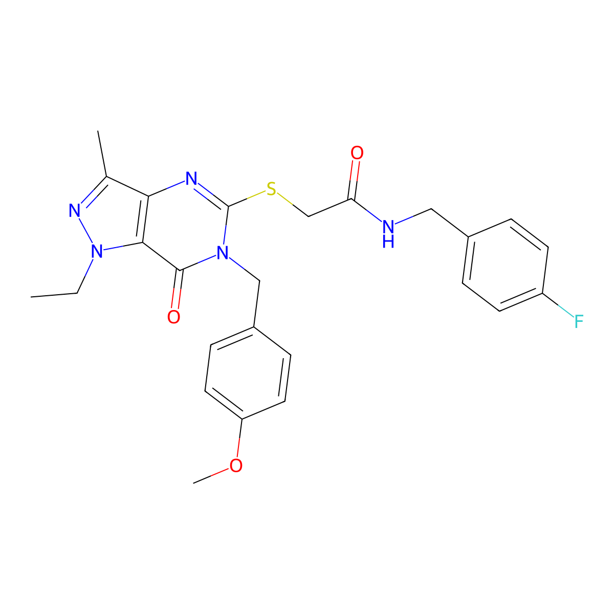 2-({1-ethyl-6-[(4-methoxyphenyl)methyl]-3-methyl-7-oxo-1H,6H,7H-pyrazolo[4,3-d]pyrimidin-5-yl}sulfanyl)-N-[(4-fluorophenyl)methyl]acetamide molecular structure, CAS 1358683-91-6