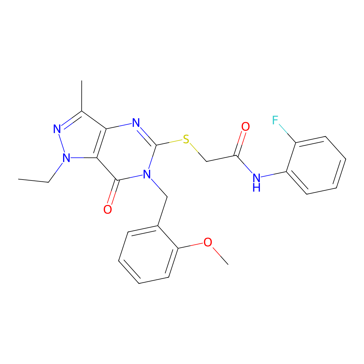 2-((1-ethyl-6-(2-methoxybenzyl)-3-methyl-7-oxo-6,7-dihydro-1H-pyrazolo[4,3-d]pyrimidin-5-yl)thio)-N-(2-fluorophenyl)acetamide molecular structure, CAS 1358684-27-1