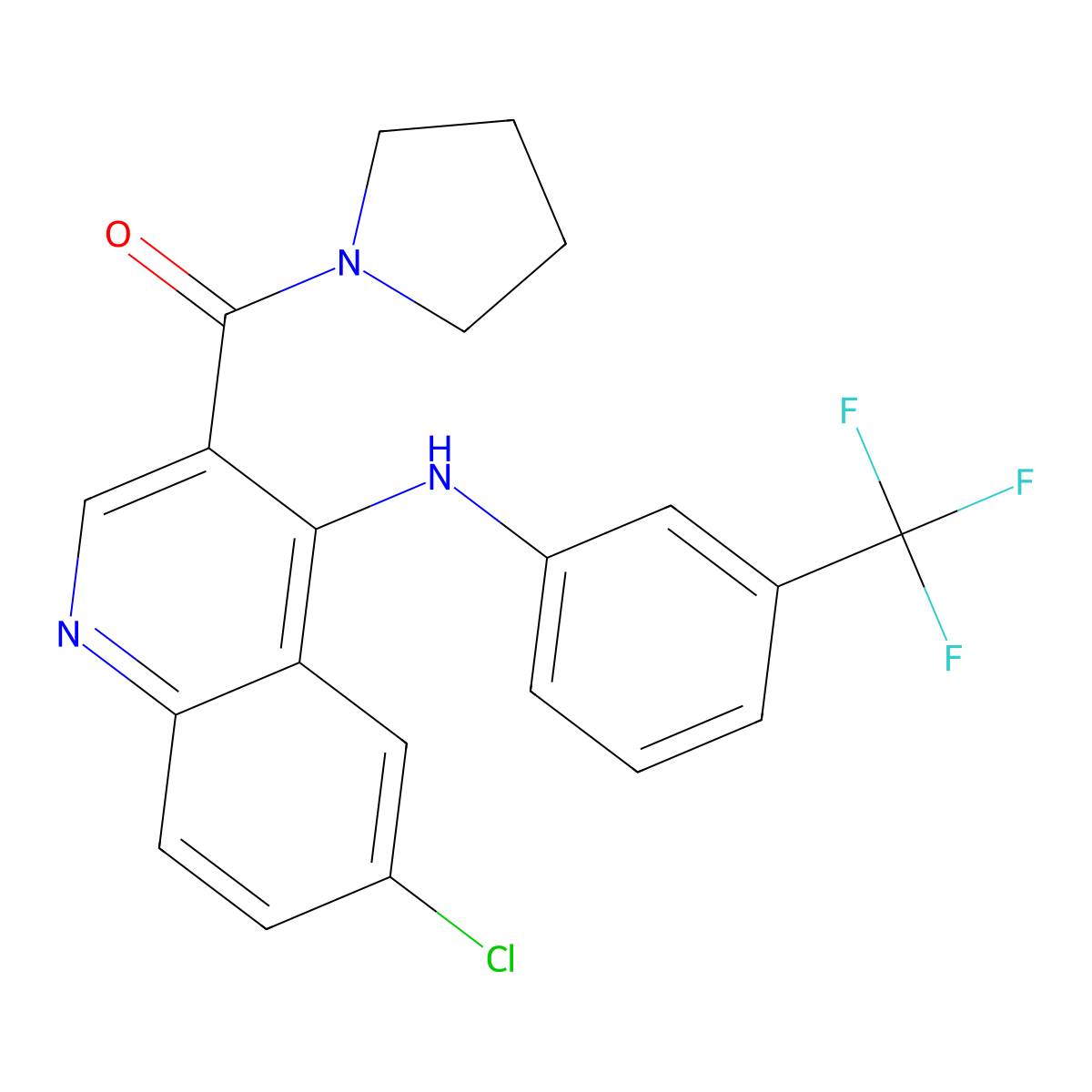 (6-Chloro-4-((3-(trifluoromethyl)phenyl)amino)quinolin-3-yl)(pyrrolidin-1-yl)methanone molecular structure, CAS 1358696-70-4