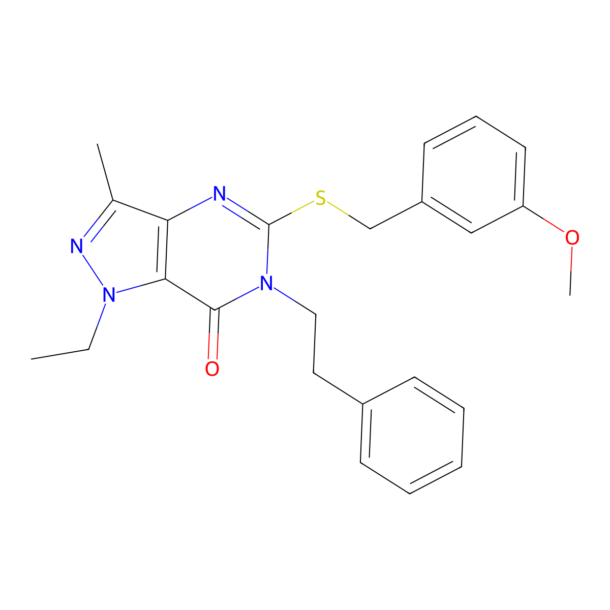 1-ethyl-5-((3-methoxybenzyl)thio)-3-methyl-6-phenethyl-1H-pyrazolo[4,3-d]pyrimidin-7(6H)-one molecular structure, CAS 1358708-04-9