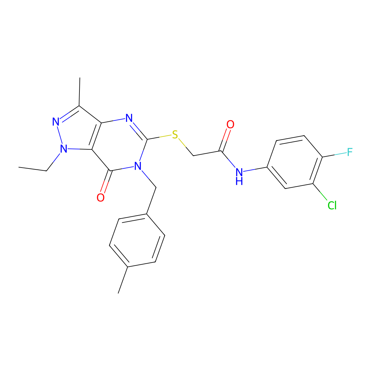 N-(3-chloro-4-fluorophenyl)-2-((1-ethyl-3-methyl-6-(4-methylbenzyl)-7-oxo-6,7-dihydro-1H-pyrazolo[4,3-d]pyrimidin-5-yl)thio)acetamide molecular structure, CAS 1358708-23-2