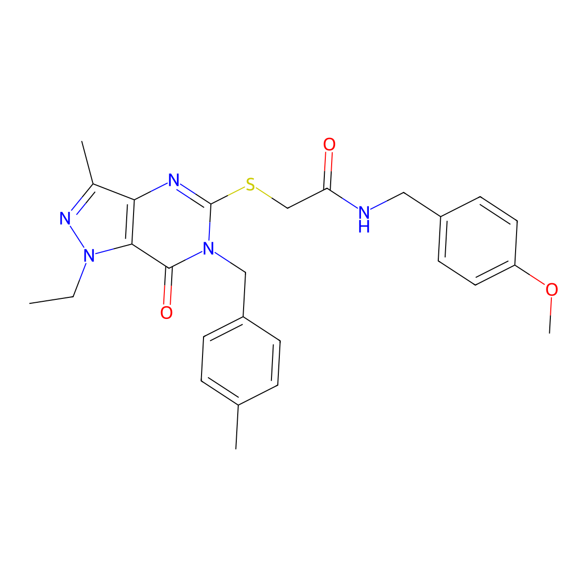 2-({1-ethyl-3-methyl-6-[(4-methylphenyl)methyl]-7-oxo-1H,6H,7H-pyrazolo[4,3-d]pyrimidin-5-yl}sulfanyl)-N-[(4-methoxyphenyl)methyl]acetamide molecular structure, CAS 1358708-33-4