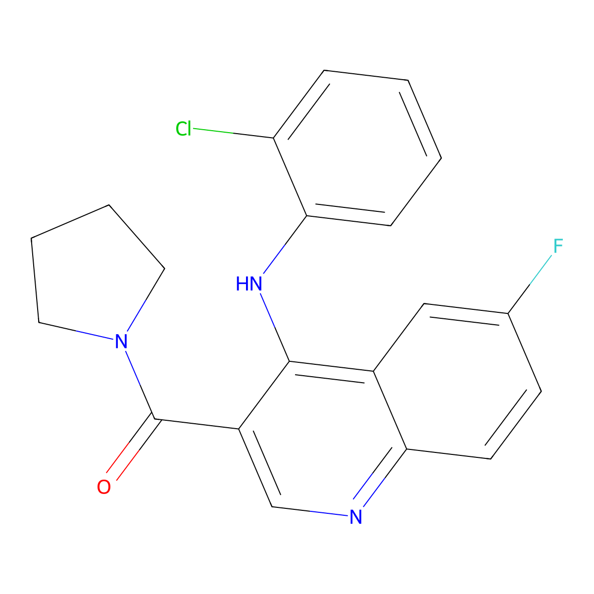 (4-((2-Chlorophenyl)amino)-6-fluoroquinolin-3-yl)(pyrrolidin-1-yl)methanone molecular structure, CAS 1358708-38-9