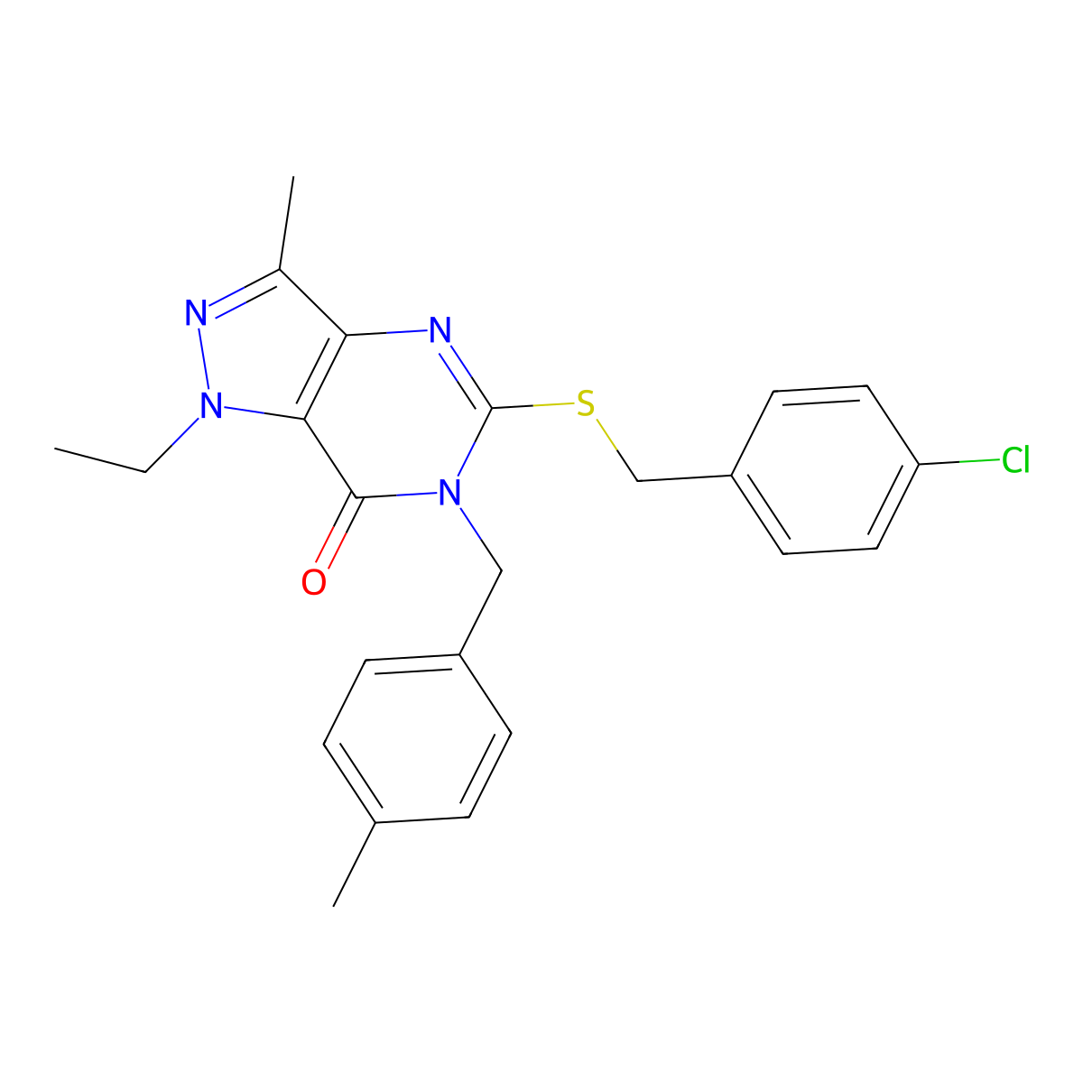 5-((4-chlorobenzyl)thio)-1-ethyl-3-methyl-6-(4-methylbenzyl)-1H-pyrazolo[4,3-d]pyrimidin-7(6H)-one molecular structure, CAS 1358708-41-4