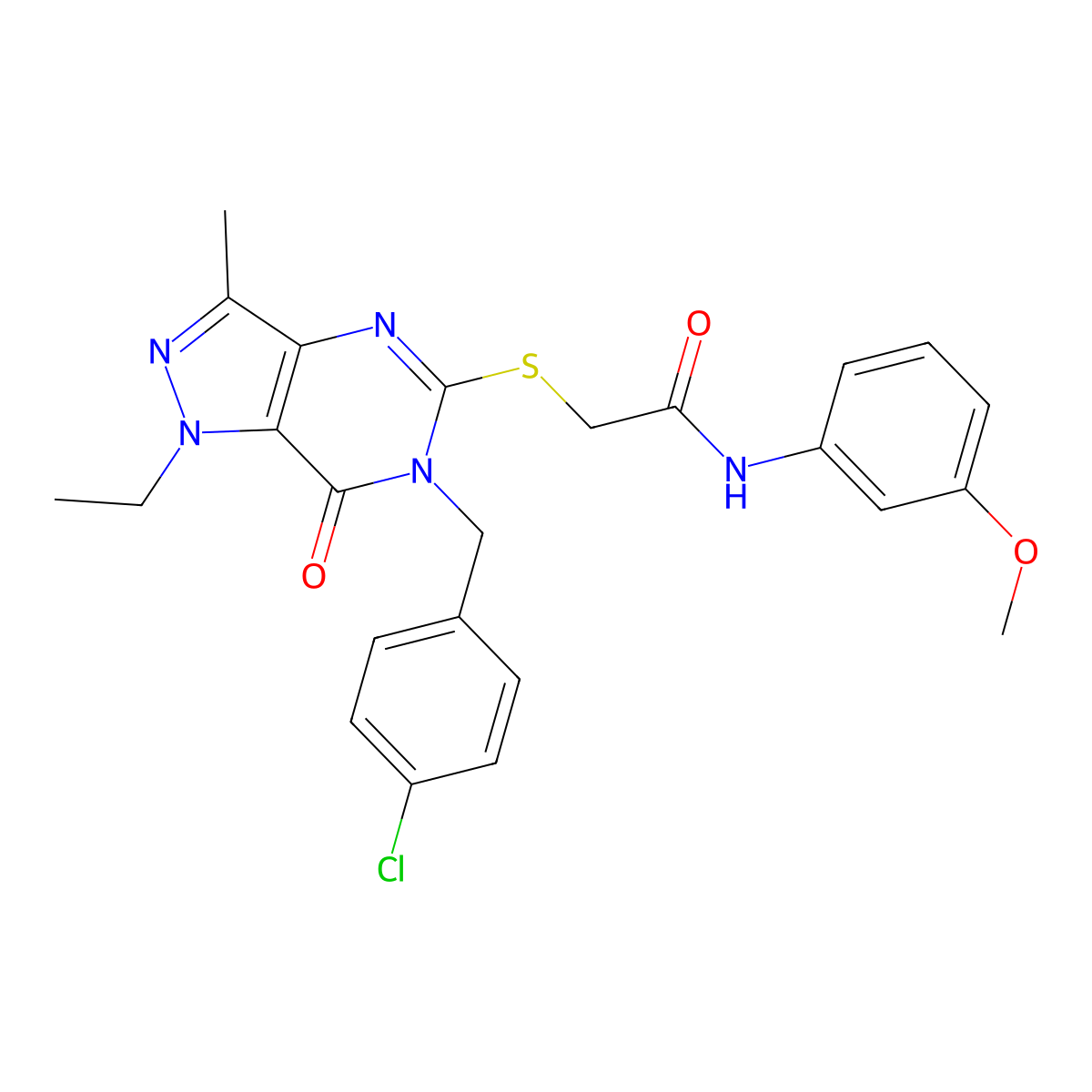 2-({6-[(4-chlorophenyl)methyl]-1-ethyl-3-methyl-7-oxo-1H,6H,7H-pyrazolo[4,3-d]pyrimidin-5-yl}sulfanyl)-N-(3-methoxyphenyl)acetamide molecular structure, CAS 1358708-53-8