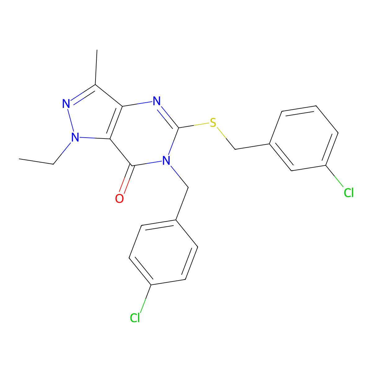 6-(4-chlorobenzyl)-5-((3-chlorobenzyl)thio)-1-ethyl-3-methyl-1H-pyrazolo[4,3-d]pyrimidin-7(6H)-one molecular structure, CAS 1358708-68-5