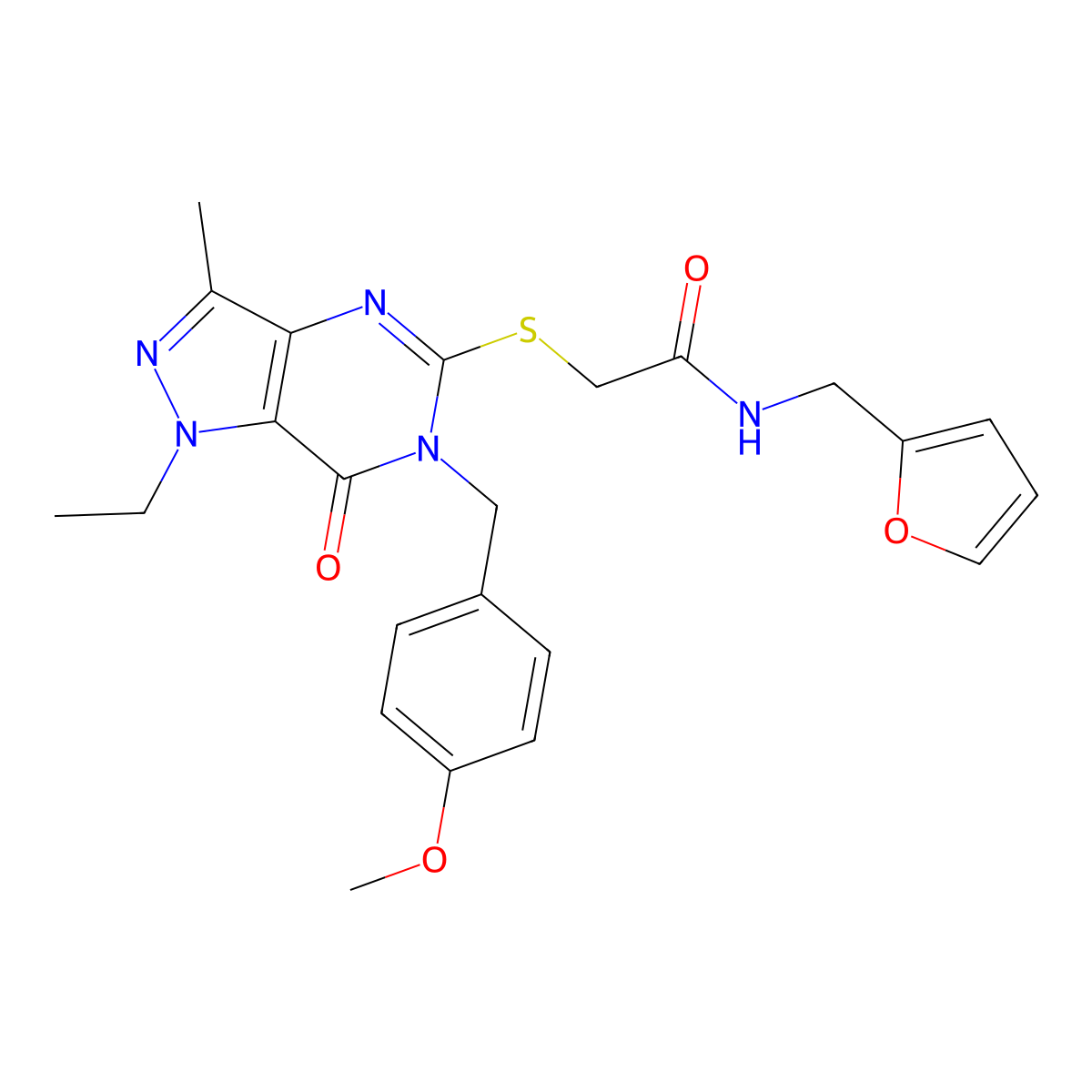 2-({1-ethyl-6-[(4-methoxyphenyl)methyl]-3-methyl-7-oxo-1H,6H,7H-pyrazolo[4,3-d]pyrimidin-5-yl}sulfanyl)-N-[(furan-2-yl)methyl]acetamide molecular structure, CAS 1358708-83-4