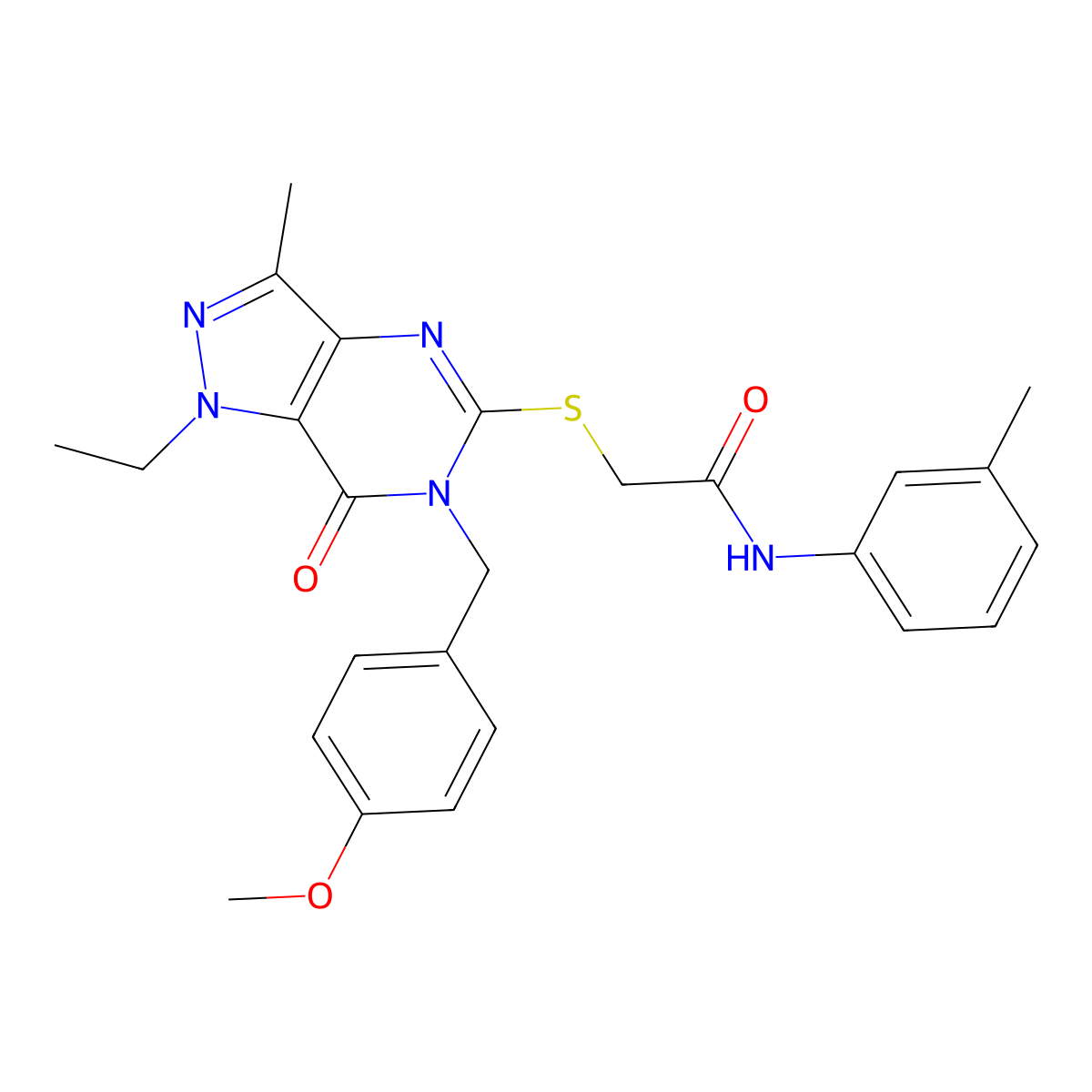 2-({1-ethyl-6-[(4-methoxyphenyl)methyl]-3-methyl-7-oxo-1H,6H,7H-pyrazolo[4,3-d]pyrimidin-5-yl}sulfanyl)-N-(3-methylphenyl)acetamide molecular structure, CAS 1358708-88-9