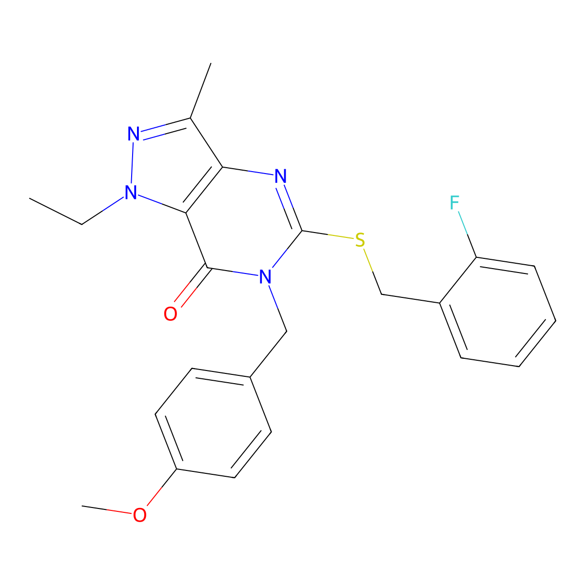 1-ethyl-5-((2-fluorobenzyl)thio)-6-(4-methoxybenzyl)-3-methyl-1H-pyrazolo[4,3-d]pyrimidin-7(6H)-one molecular structure, CAS 1358708-97-0