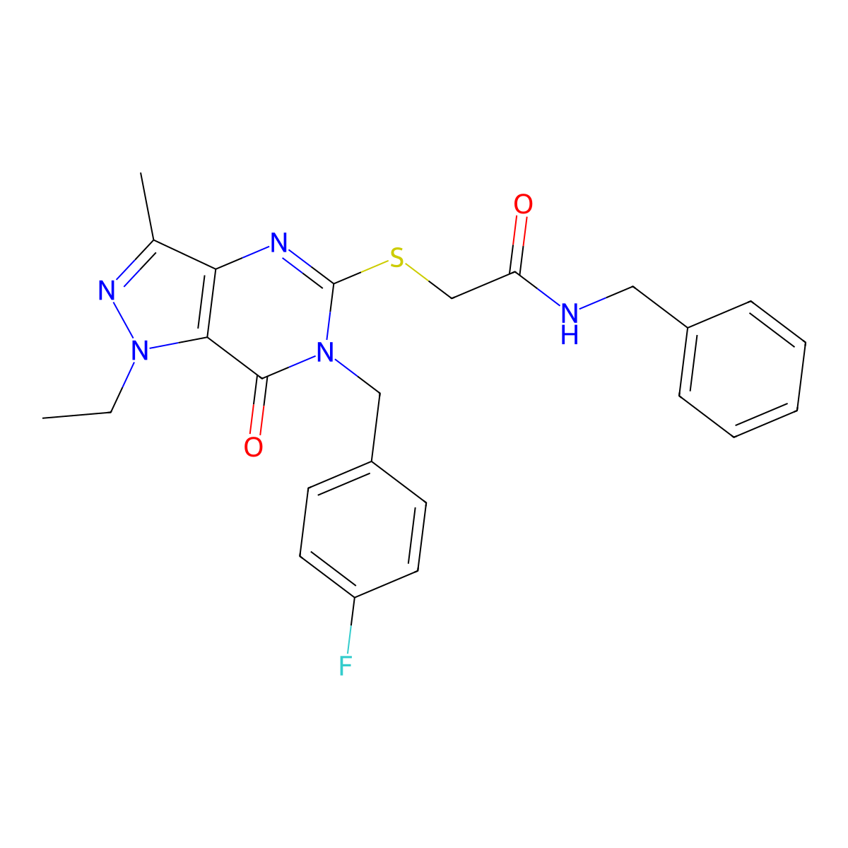 N-benzyl-2-({1-ethyl-6-[(4-fluorophenyl)methyl]-3-methyl-7-oxo-1H,6H,7H-pyrazolo[4,3-d]pyrimidin-5-yl}sulfanyl)acetamide molecular structure, CAS 1358709-60-0