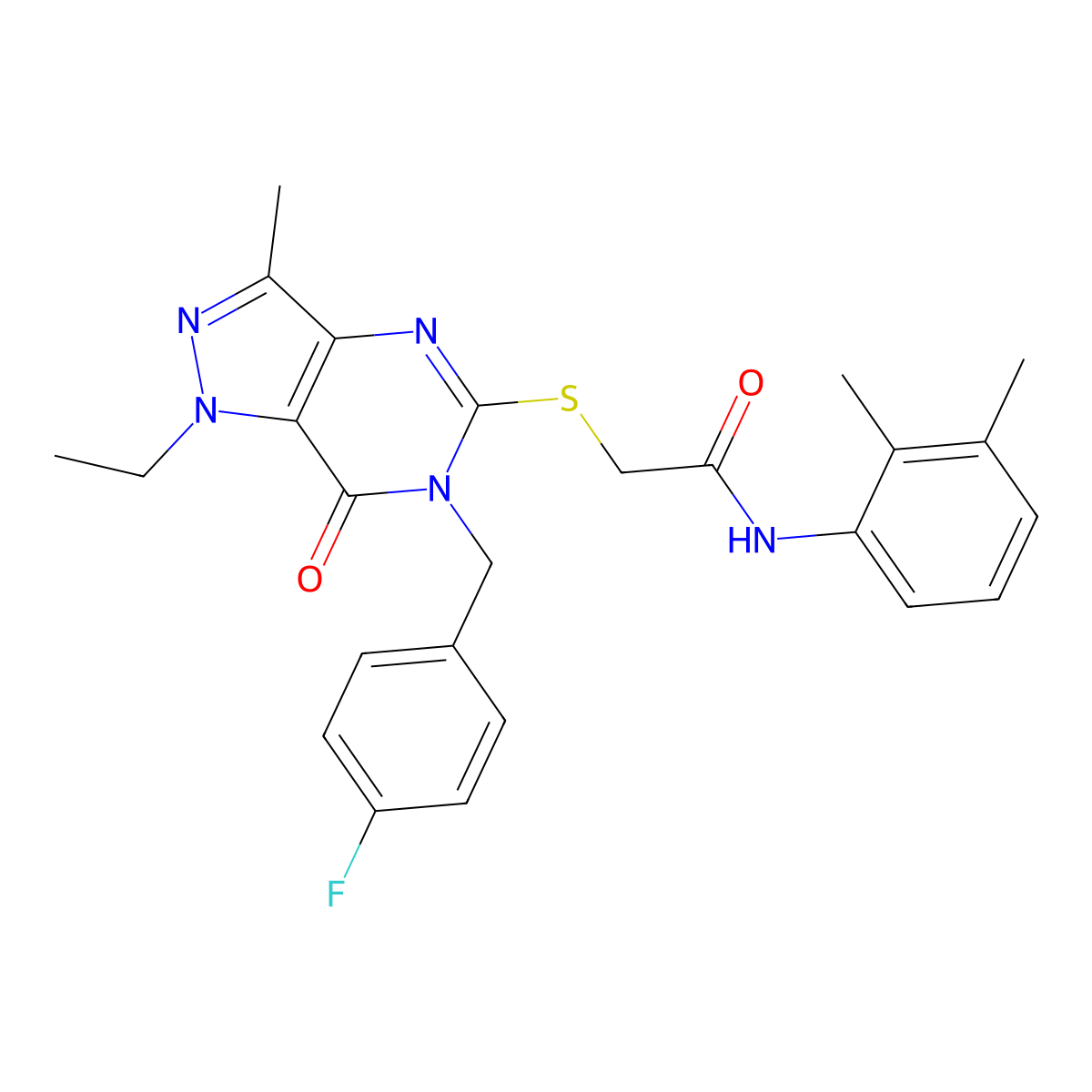 N-(2,3-dimethylphenyl)-2-((1-ethyl-6-(4-fluorobenzyl)-3-methyl-7-oxo-6,7-dihydro-1H-pyrazolo[4,3-d]pyrimidin-5-yl)thio)acetamide molecular structure, CAS 1358709-78-0