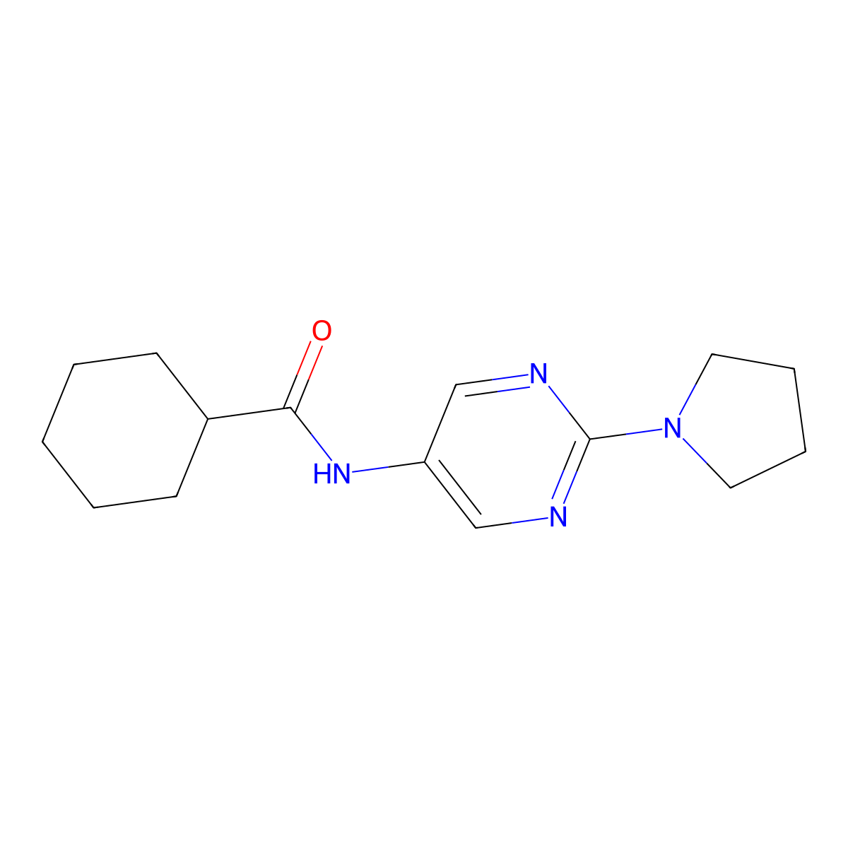 N-(2-(pyrrolidin-1-yl)pyrimidin-5-yl)cyclohexanecarboxamide molecular structure, CAS 1358710-23-2