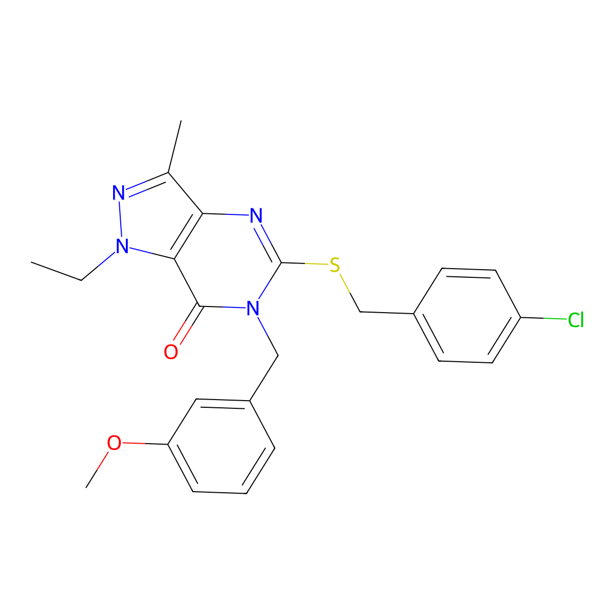 5-((4-chlorobenzyl)thio)-1-ethyl-6-(3-methoxybenzyl)-3-methyl-1H-pyrazolo[4,3-d]pyrimidin-7(6H)-one molecular structure, CAS 1358710-40-3