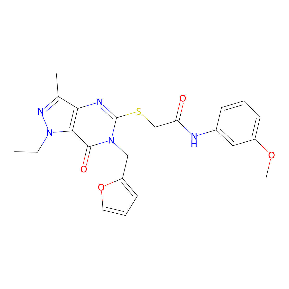 2-((1-ethyl-6-(furan-2-ylmethyl)-3-methyl-7-oxo-6,7-dihydro-1H-pyrazolo[4,3-d]pyrimidin-5-yl)thio)-N-(3-methoxyphenyl)acetamide molecular structure, CAS 1358710-50-5