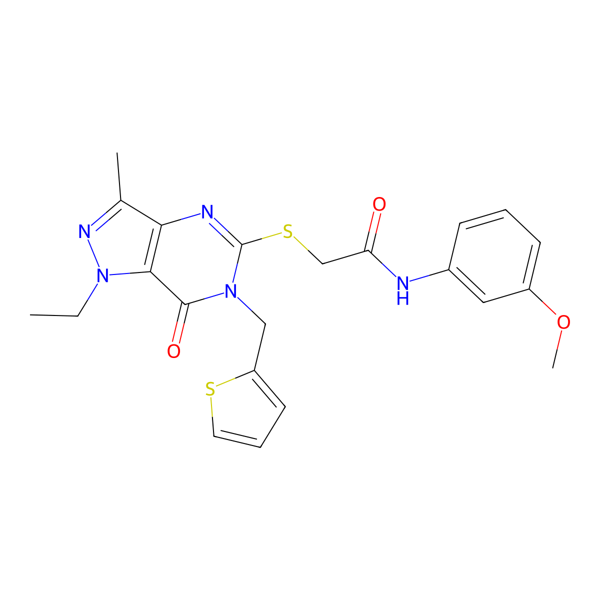 2-((1-ethyl-3-methyl-7-oxo-6-(thiophen-2-ylmethyl)-6,7-dihydro-1H-pyrazolo[4,3-d]pyrimidin-5-yl)thio)-N-(3-methoxyphenyl)acetamide molecular structure, CAS 1358710-99-2