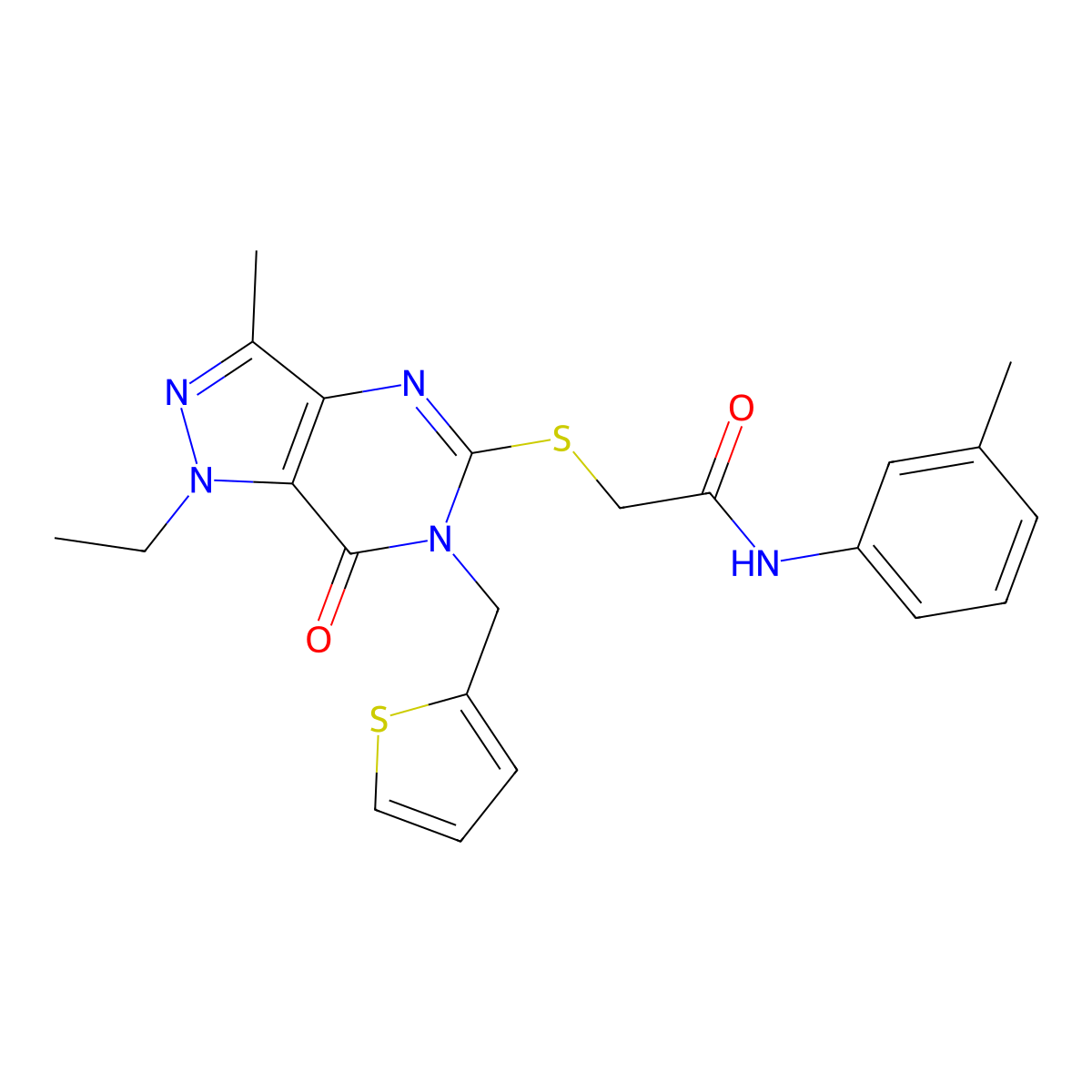 2-({1-ethyl-3-methyl-7-oxo-6-[(thiophen-2-yl)methyl]-1H,6H,7H-pyrazolo[4,3-d]pyrimidin-5-yl}sulfanyl)-N-(3-methylphenyl)acetamide molecular structure, CAS 1358711-12-2