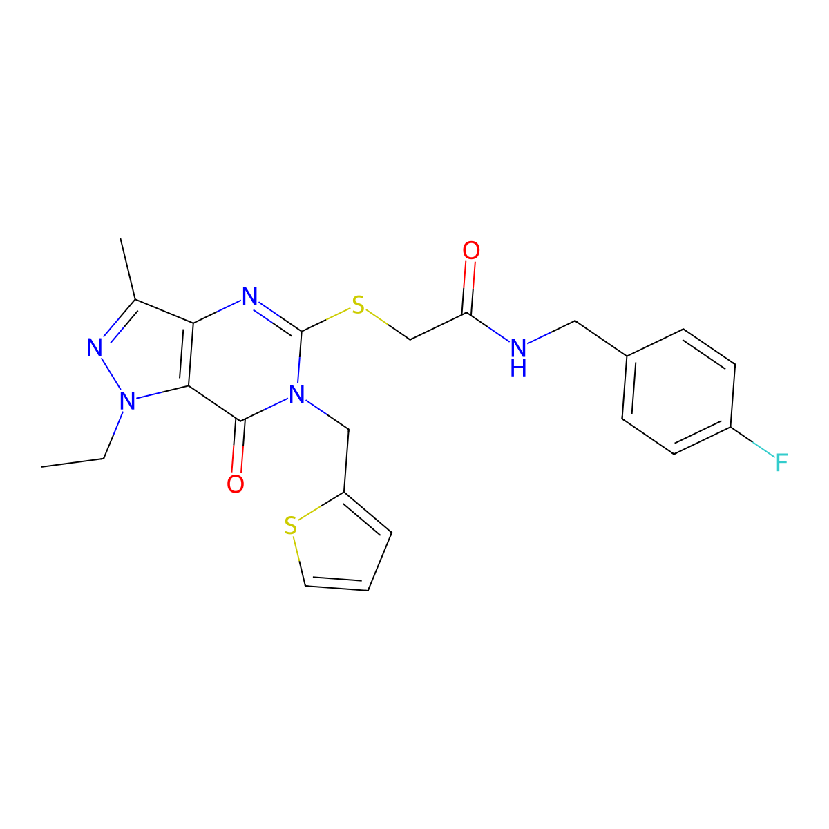 2-((1-ethyl-3-methyl-7-oxo-6-(thiophen-2-ylmethyl)-6,7-dihydro-1H-pyrazolo[4,3-d]pyrimidin-5-yl)thio)-N-(4-fluorobenzyl)acetamide molecular structure, CAS 1358711-24-6