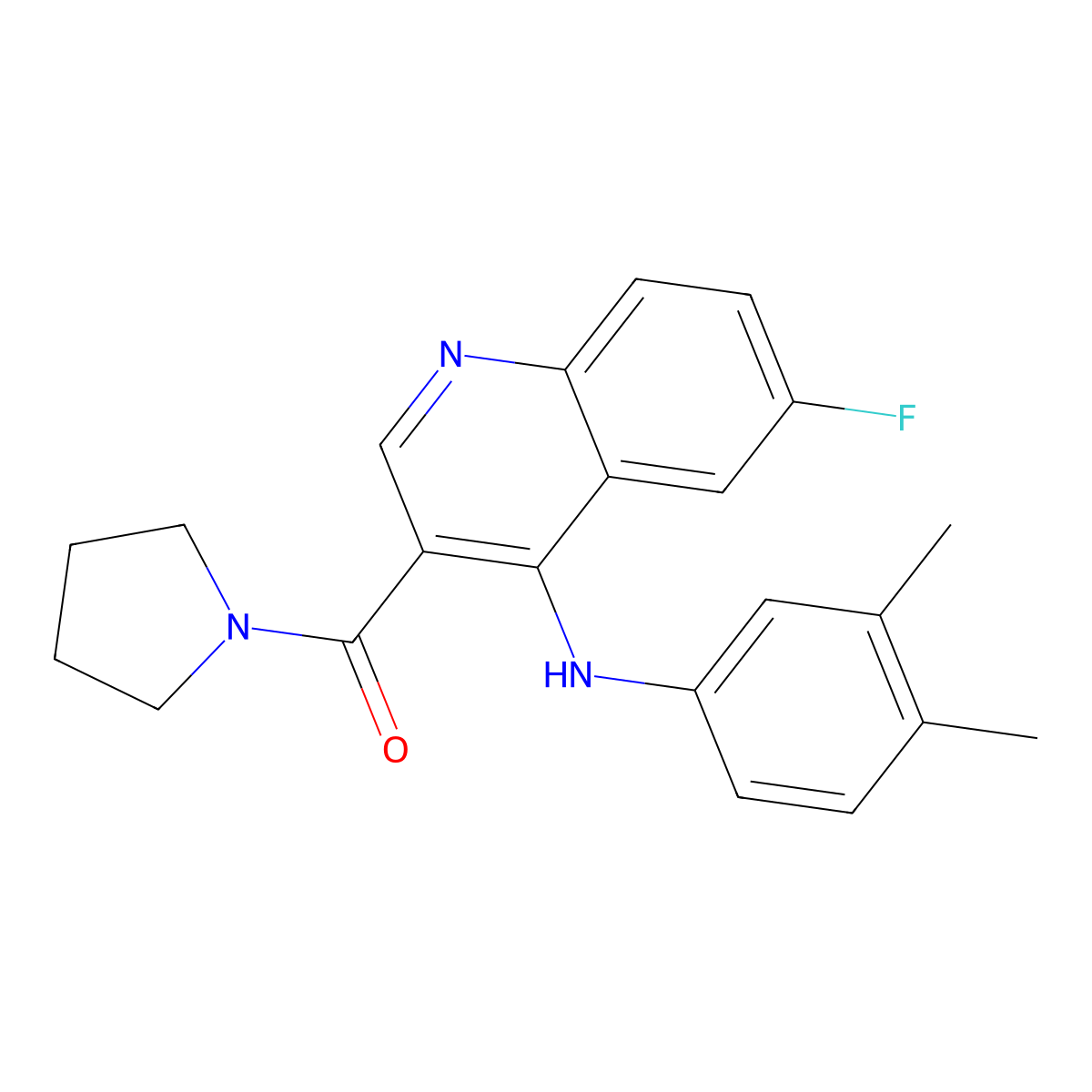 (4-((3,4-Dimethylphenyl)amino)-6-fluoroquinolin-3-yl)(pyrrolidin-1-yl)methanone molecular structure, CAS 1358720-65-6
