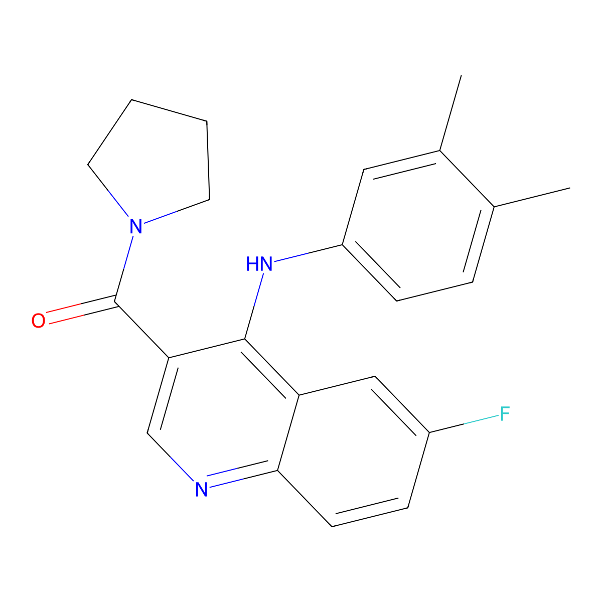 (4-((3,4-Dimethylphenyl)amino)-6-fluoroquinolin-3-yl)(pyrrolidin-1-yl)methanone molecular structure, CAS 1358720-65-6