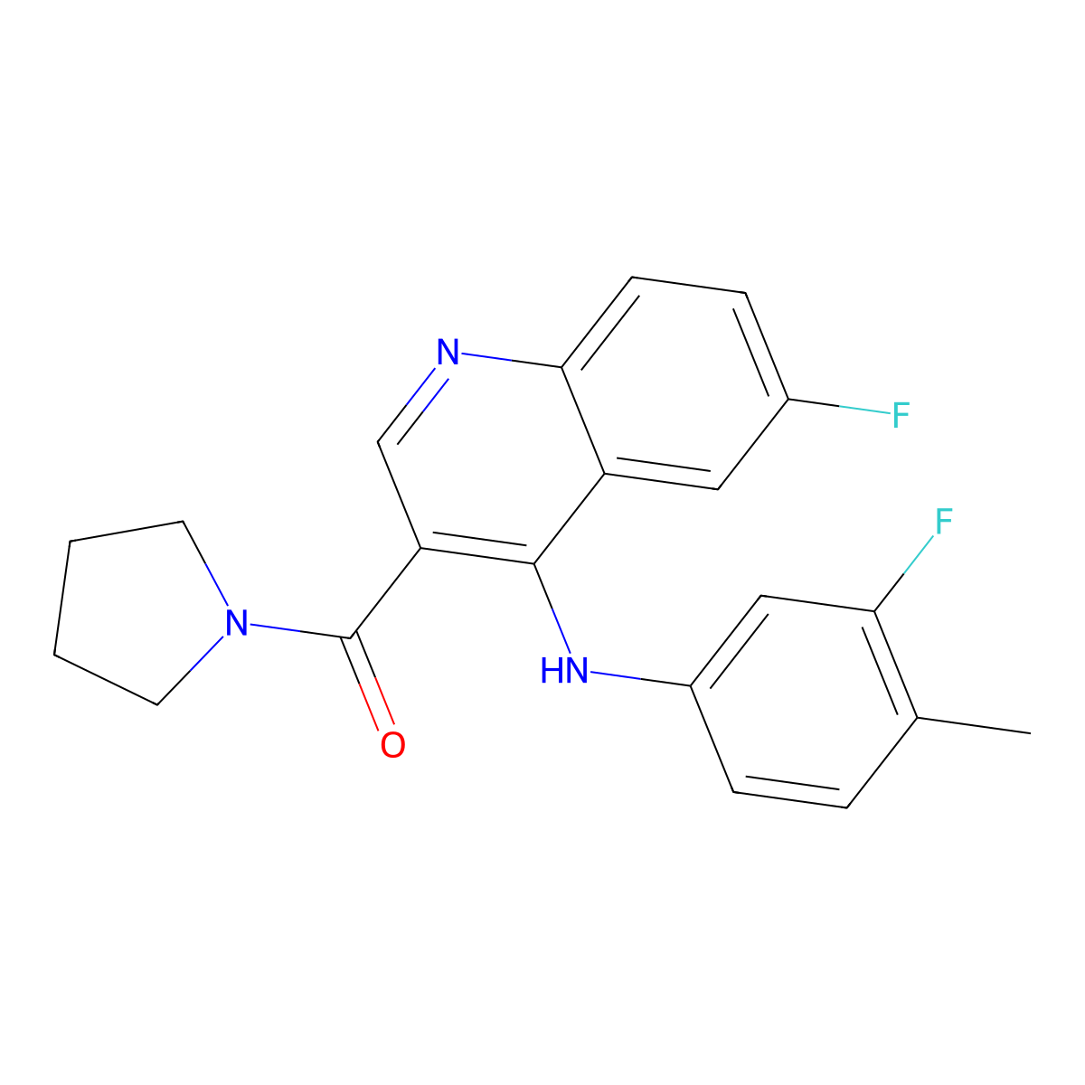 (6-Fluoro-4-((3-fluoro-4-methylphenyl)amino)quinolin-3-yl)(pyrrolidin-1-yl)methanone molecular structure, CAS 1358720-84-9