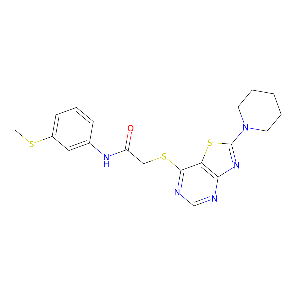 N-(3-(methylthio)phenyl)-2-((2-(piperidin-1-yl)thiazolo[4,5-d]pyrimidin-7-yl)thio)acetamide molecular structure, CAS 1358726-34-7