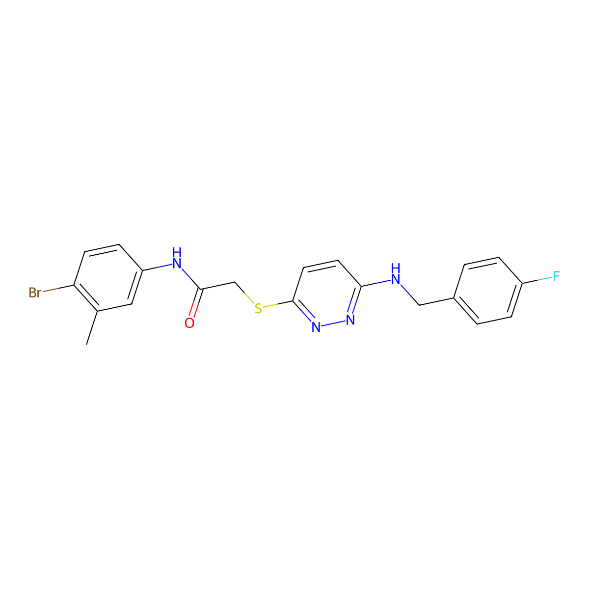 N-(4-bromo-3-methylphenyl)-2-((6-((4-fluorobenzyl)amino)pyridazin-3-yl)thio)acetamide molecular structure, CAS 1358728-71-8