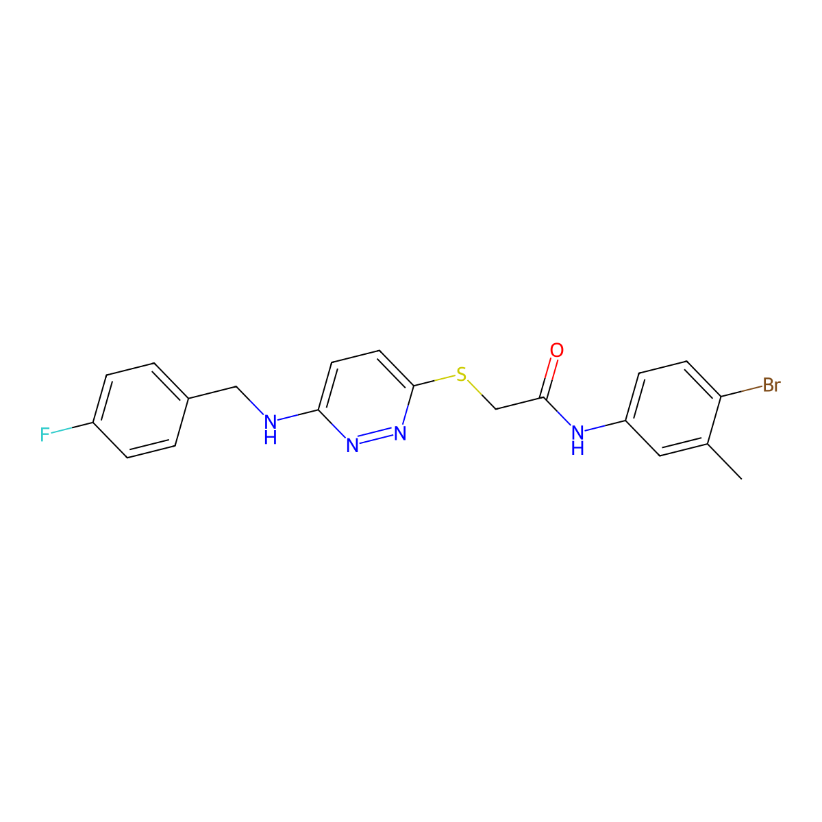 N-(4-bromo-3-methylphenyl)-2-((6-((4-fluorobenzyl)amino)pyridazin-3-yl)thio)acetamide molecular structure, CAS 1358728-71-8