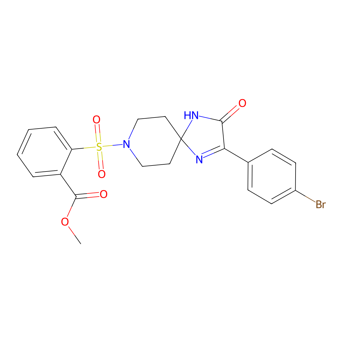 Methyl 2-{[2-(4-bromophenyl)-3-oxo-1,4,8-triazaspiro[4.5]dec-1-en-8-yl]sulfonyl}benzoate molecular structure, CAS 1358758-72-1