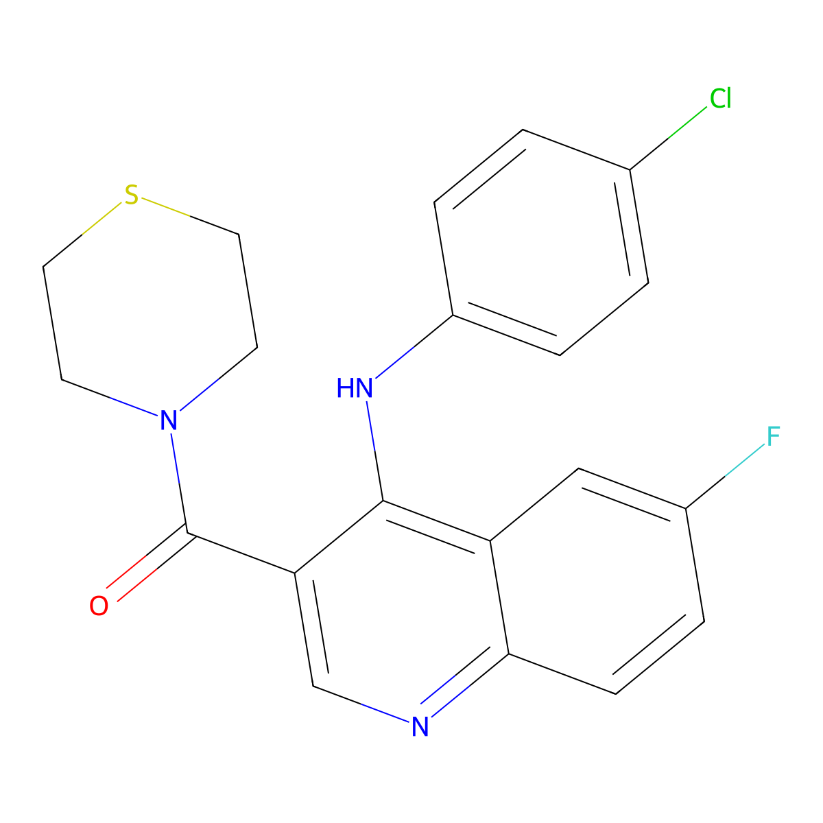 (4-((4-Chlorophenyl)amino)-6-fluoroquinolin-3-yl)(thiomorpholino)methanone molecular structure, CAS 1358760-39-0
