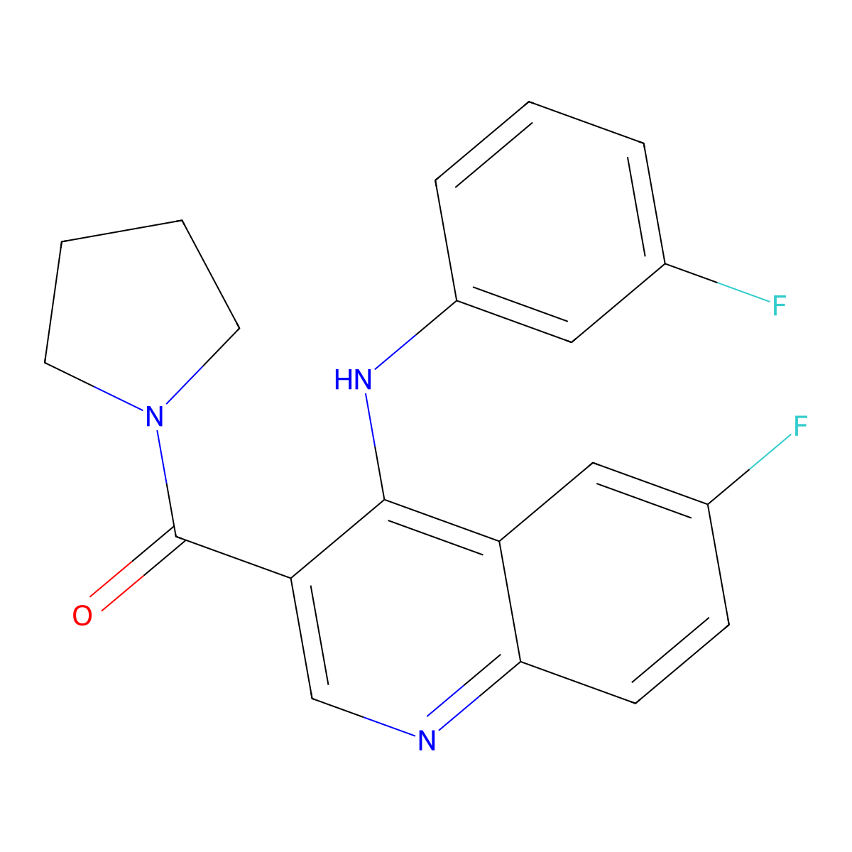 (6-Fluoro-4-((3-fluorophenyl)amino)quinolin-3-yl)(pyrrolidin-1-yl)methanone molecular structure, CAS 1358760-67-4