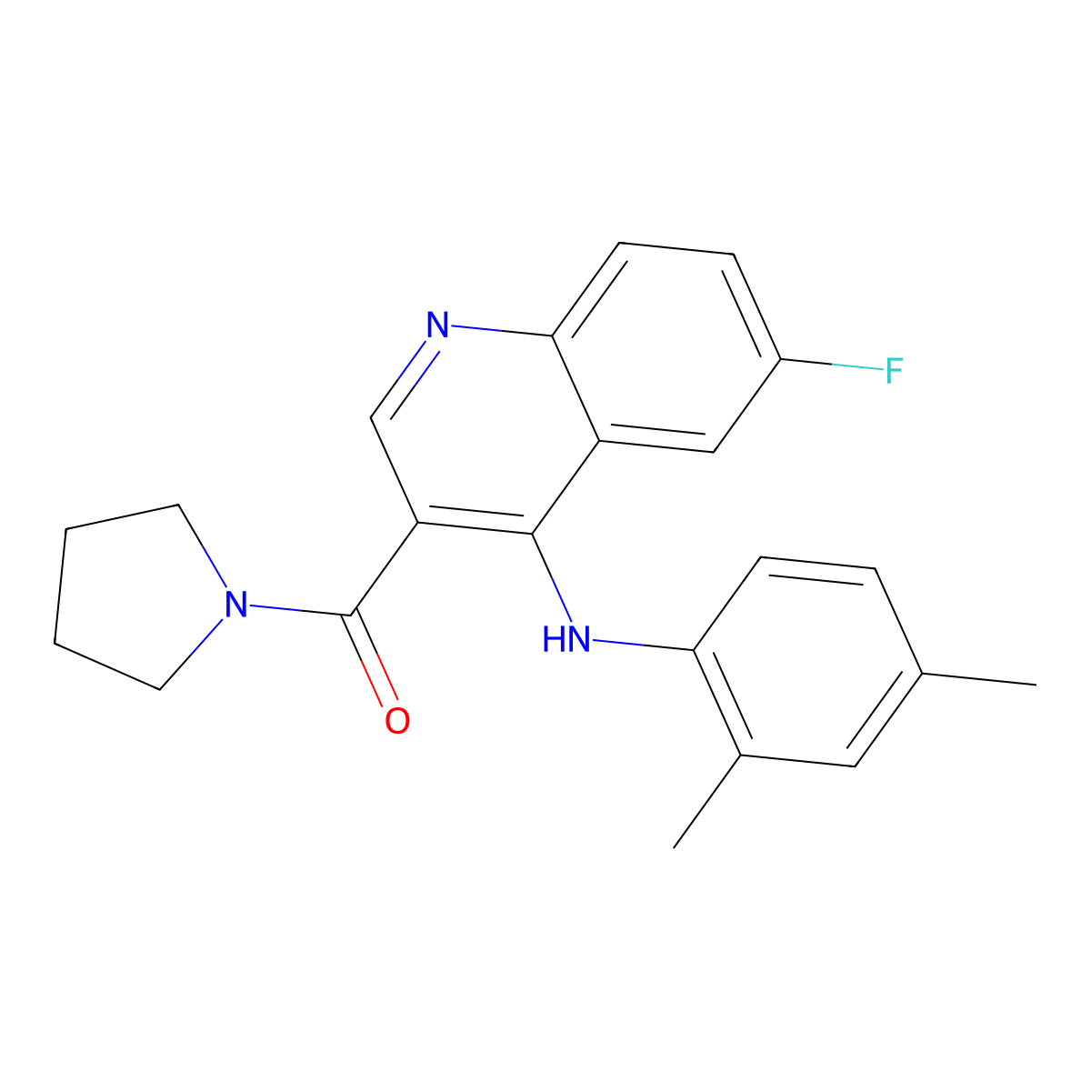 (4-((2,4-Dimethylphenyl)amino)-6-fluoroquinolin-3-yl)(pyrrolidin-1-yl)methanone molecular structure, CAS 1358760-73-2